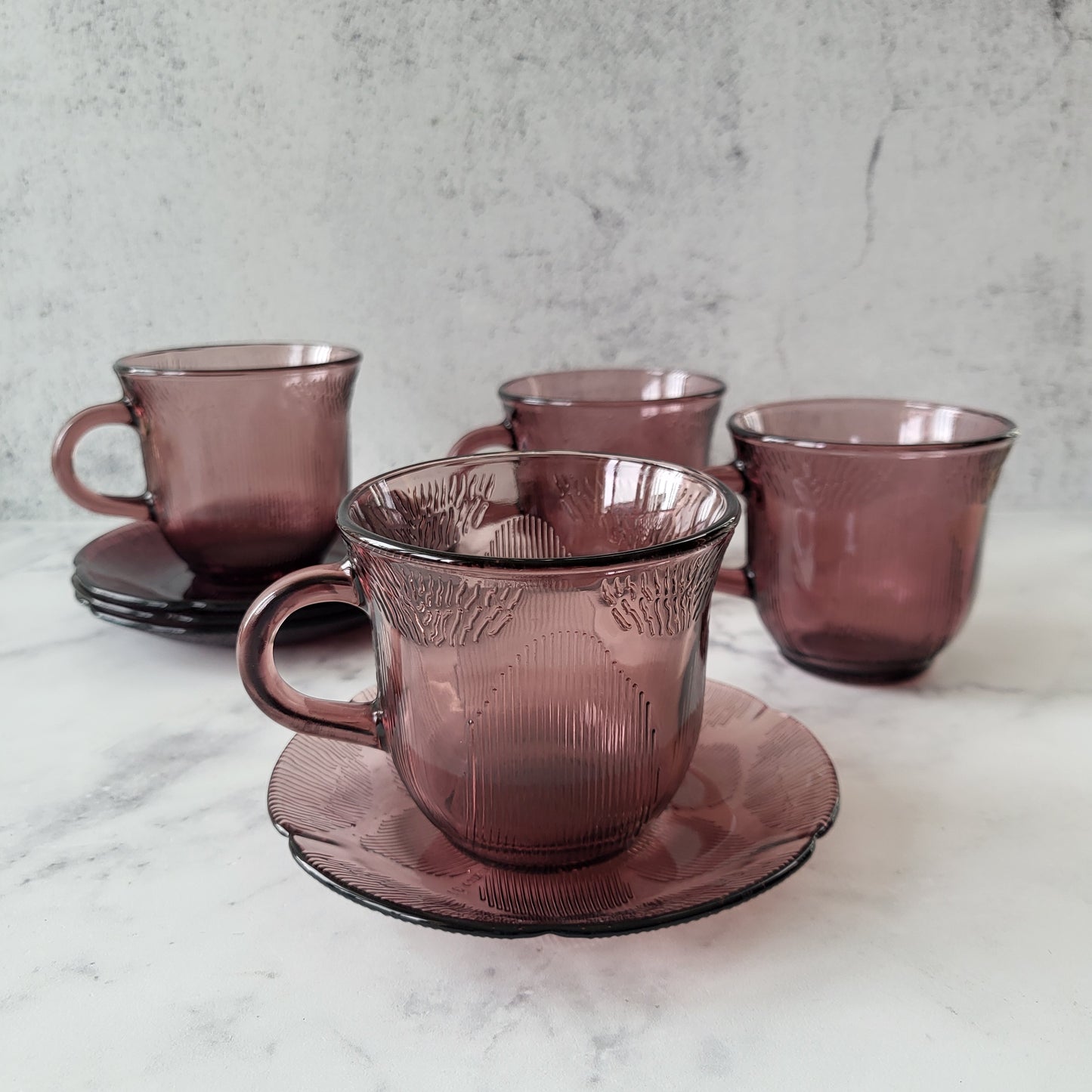 1960s Mexico Fortecrisa Amethyst Glass Cup & Saucer Set of 4