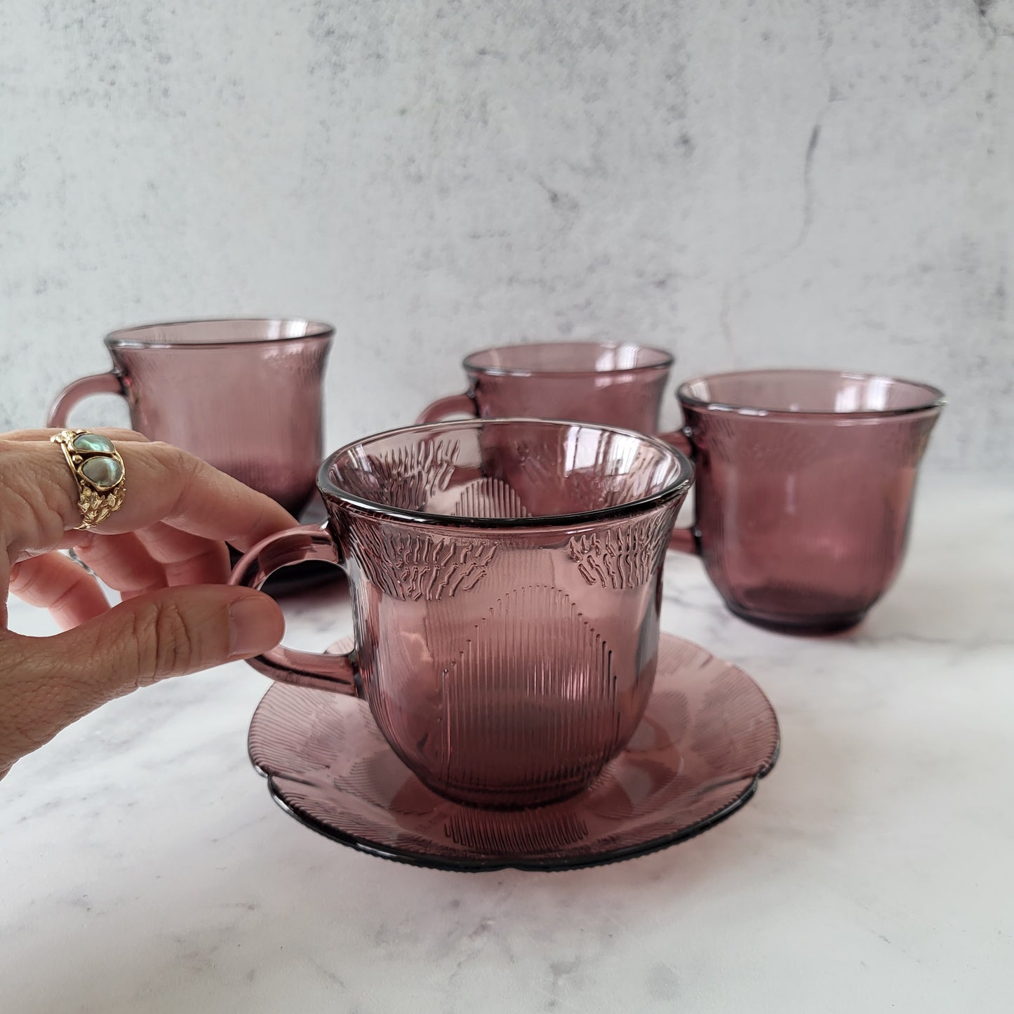 1960s Mexico Fortecrisa Amethyst Glass Cup & Saucer Set of 4