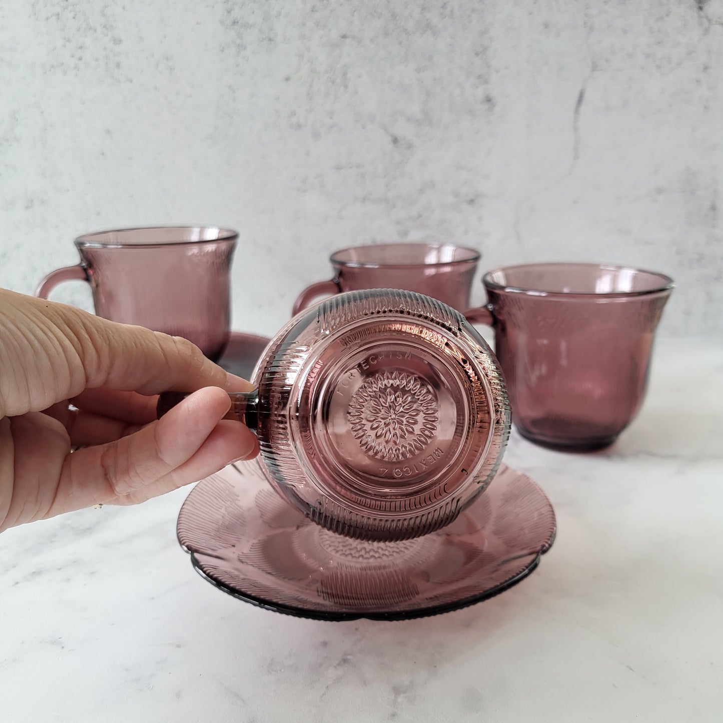 1960s Mexico Fortecrisa Amethyst Glass Cup & Saucer Set of 4