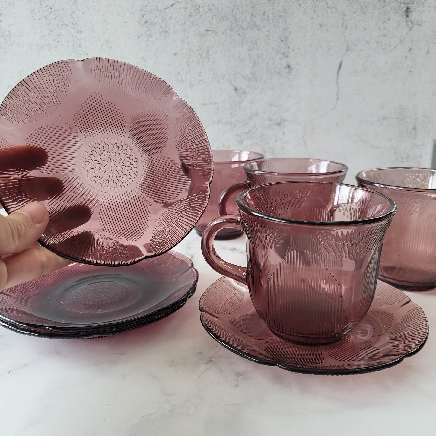 1960s Mexico Fortecrisa Amethyst Glass Cup & Saucer Set of 4