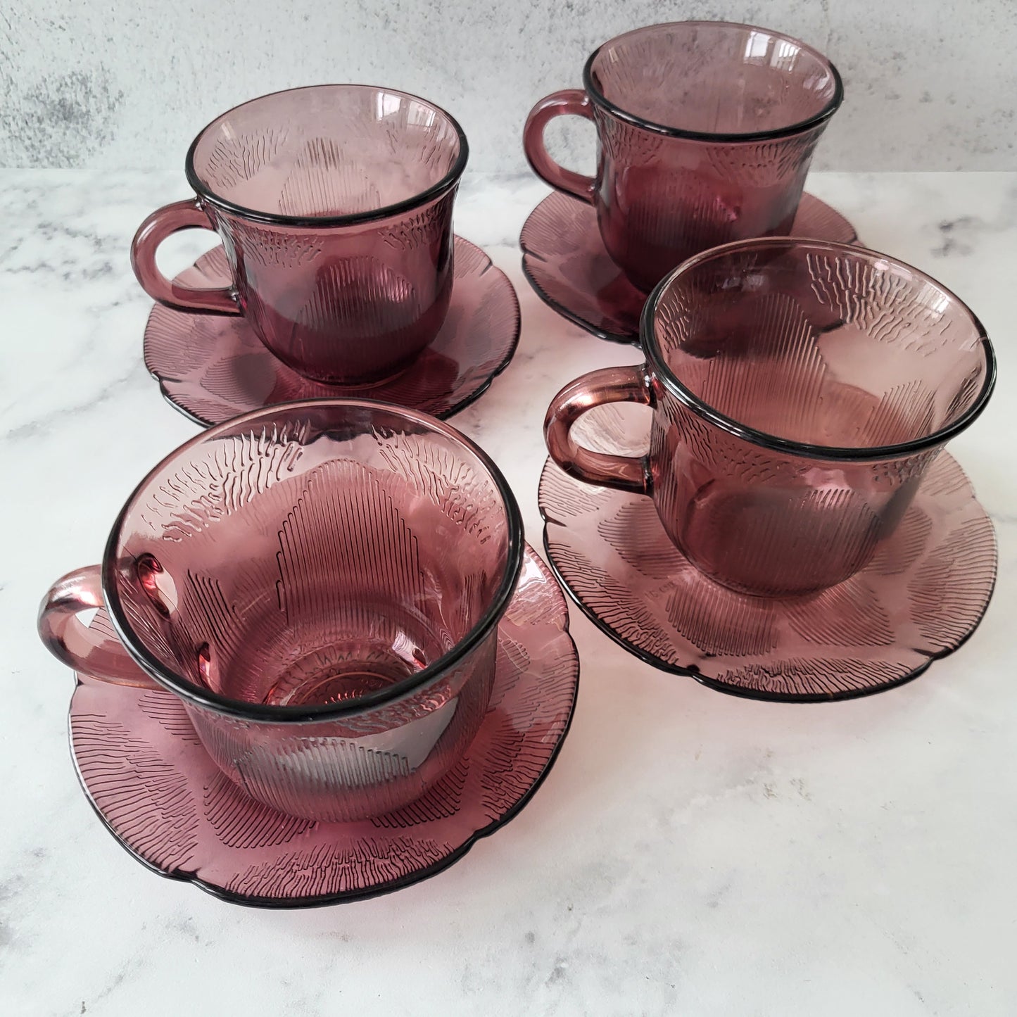 1960s Mexico Fortecrisa Amethyst Glass Cup & Saucer Set of 4
