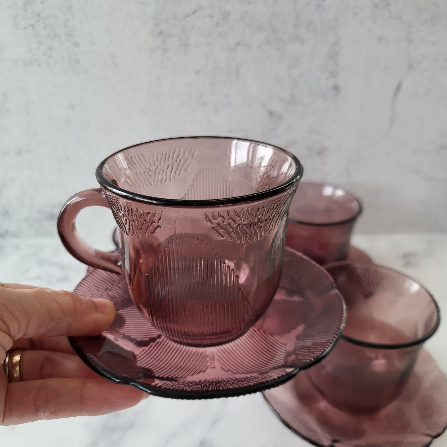 1960s Mexico Fortecrisa Amethyst Glass Cup & Saucer Set of 4