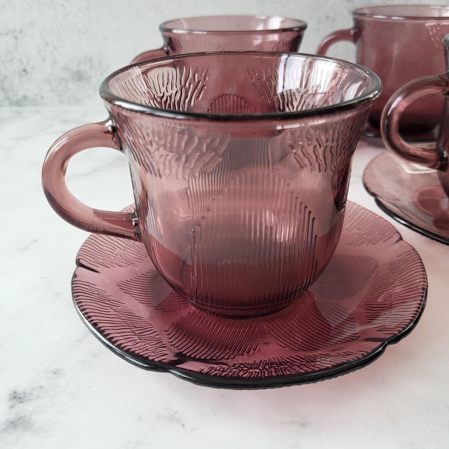 1960s Mexico Fortecrisa Amethyst Glass Cup & Saucer Set of 4