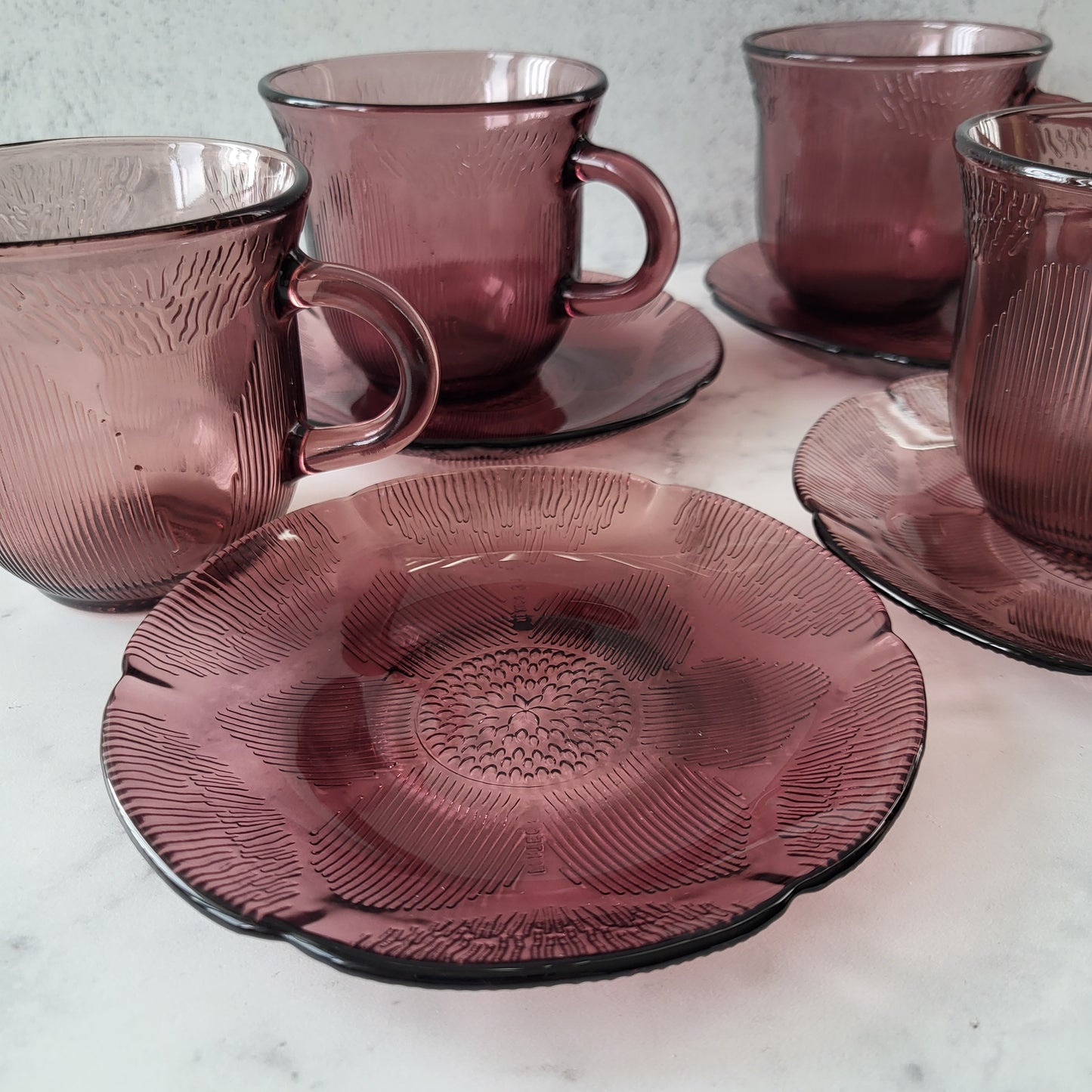 1960s Mexico Fortecrisa Amethyst Glass Cup & Saucer Set of 4