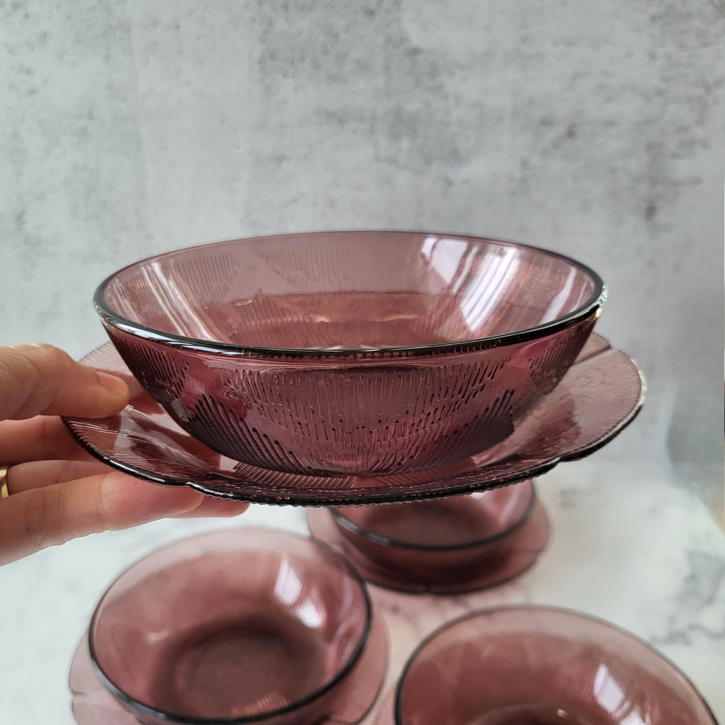 1960s Mexico Fortecrisa Amethyst Glass Salad Plate and Bowl Set of 4