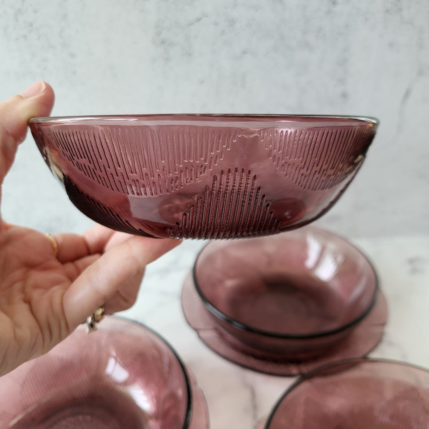1960s Mexico Fortecrisa Amethyst Glass Salad Plate and Bowl Set of 4