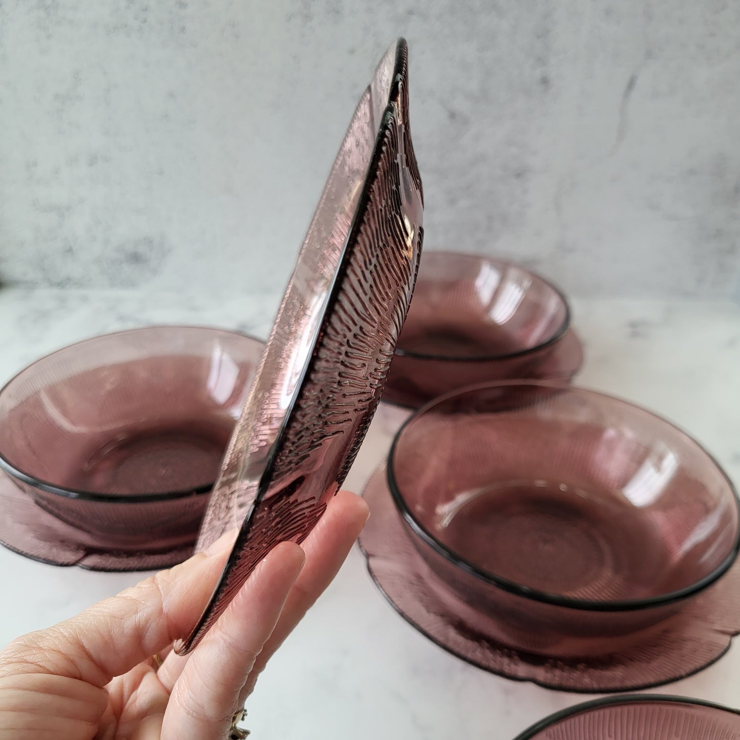 1960s Mexico Fortecrisa Amethyst Glass Salad Plate and Bowl Set of 4