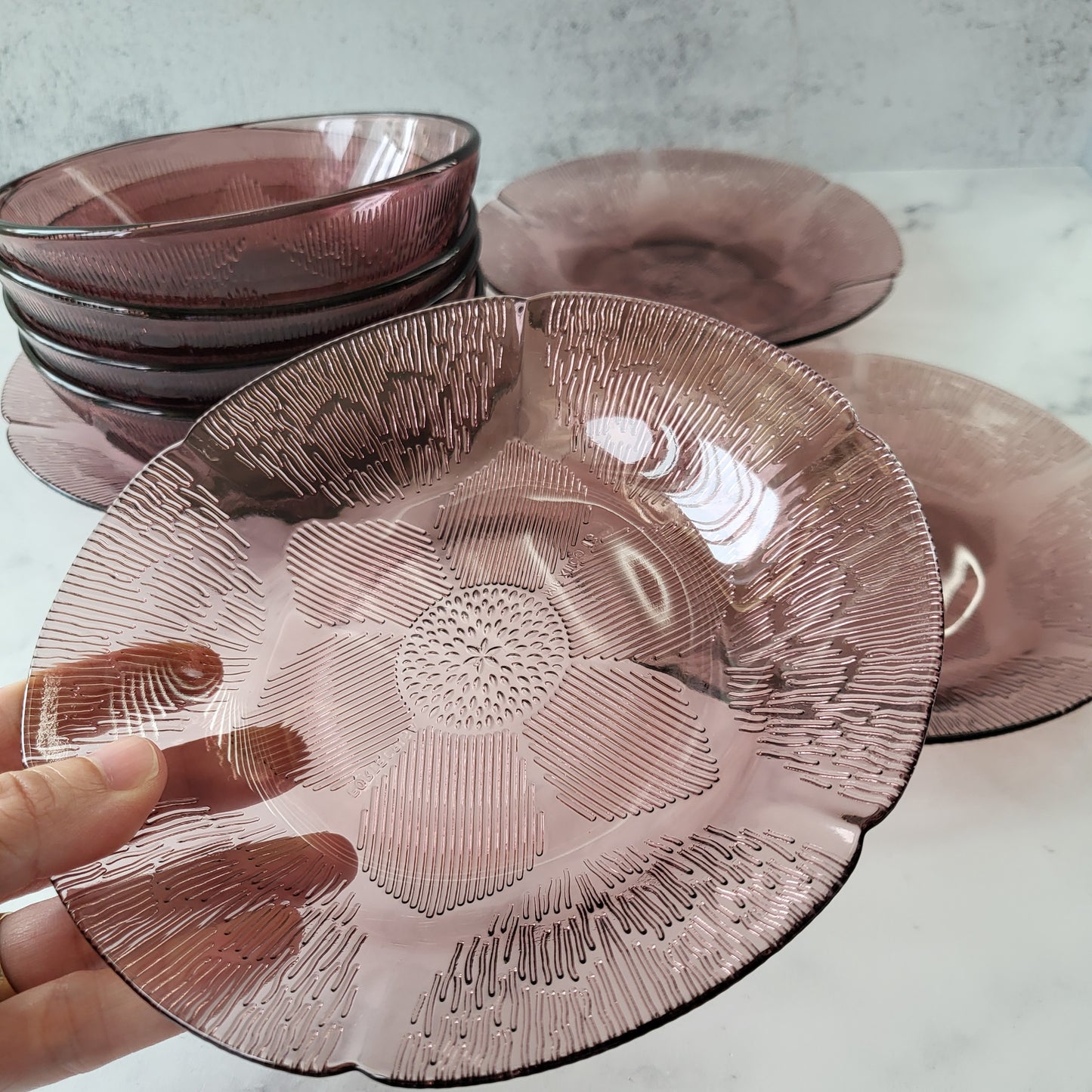 1960s Mexico Fortecrisa Amethyst Glass Salad Plate and Bowl Set of 4