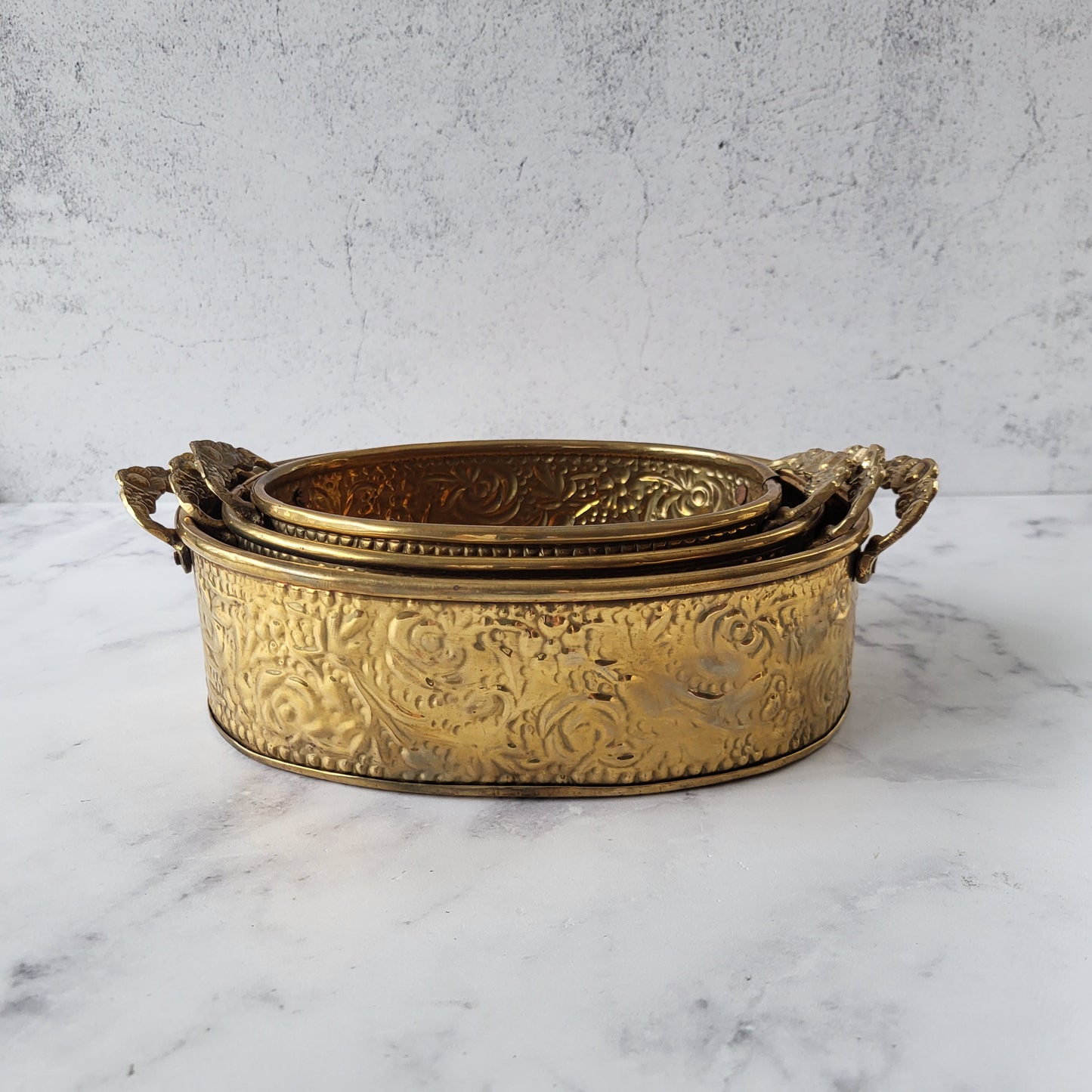 Ornate Boho Brass Floral Embossed Nesting Planters Set of 3