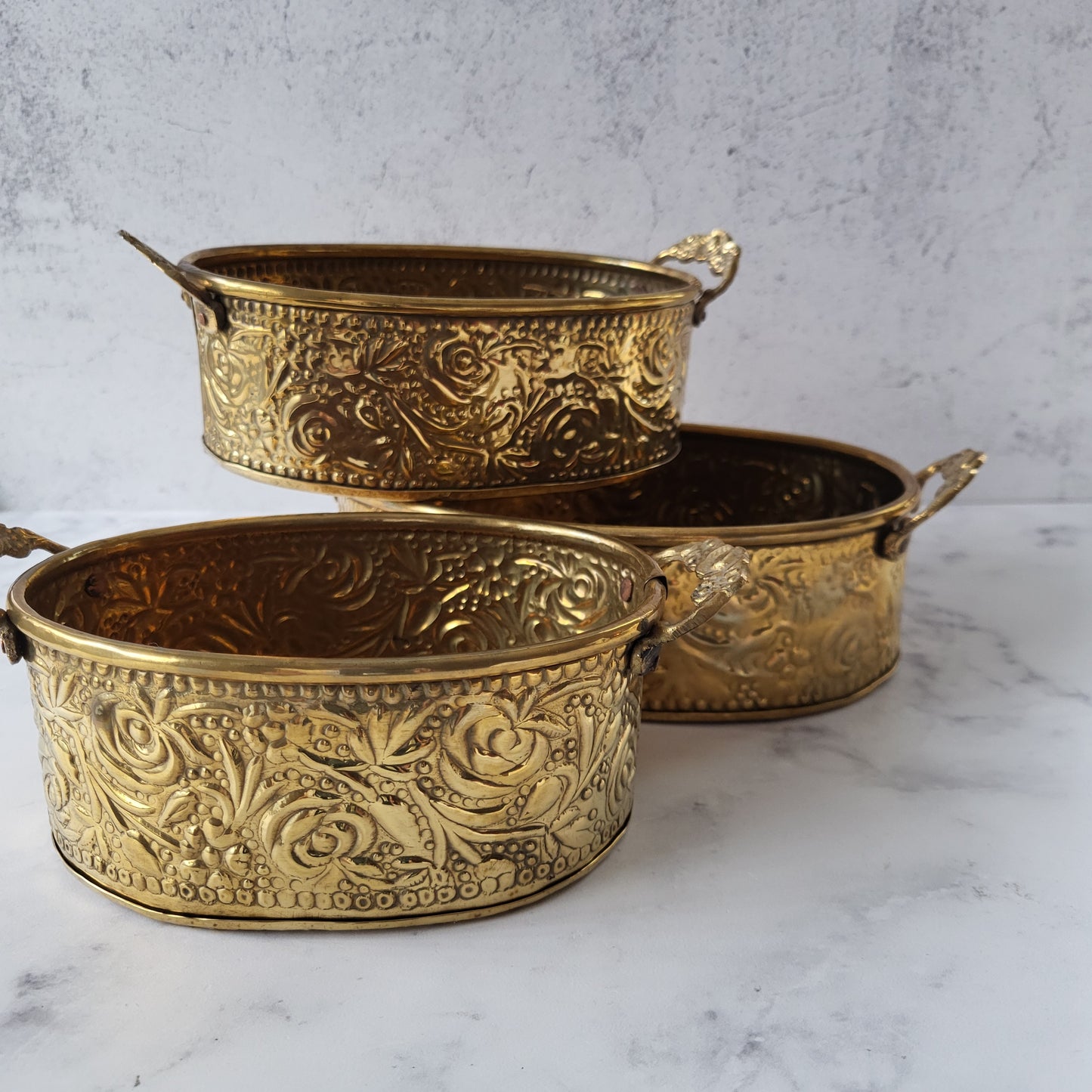 Ornate Boho Brass Floral Embossed Nesting Planters Set of 3