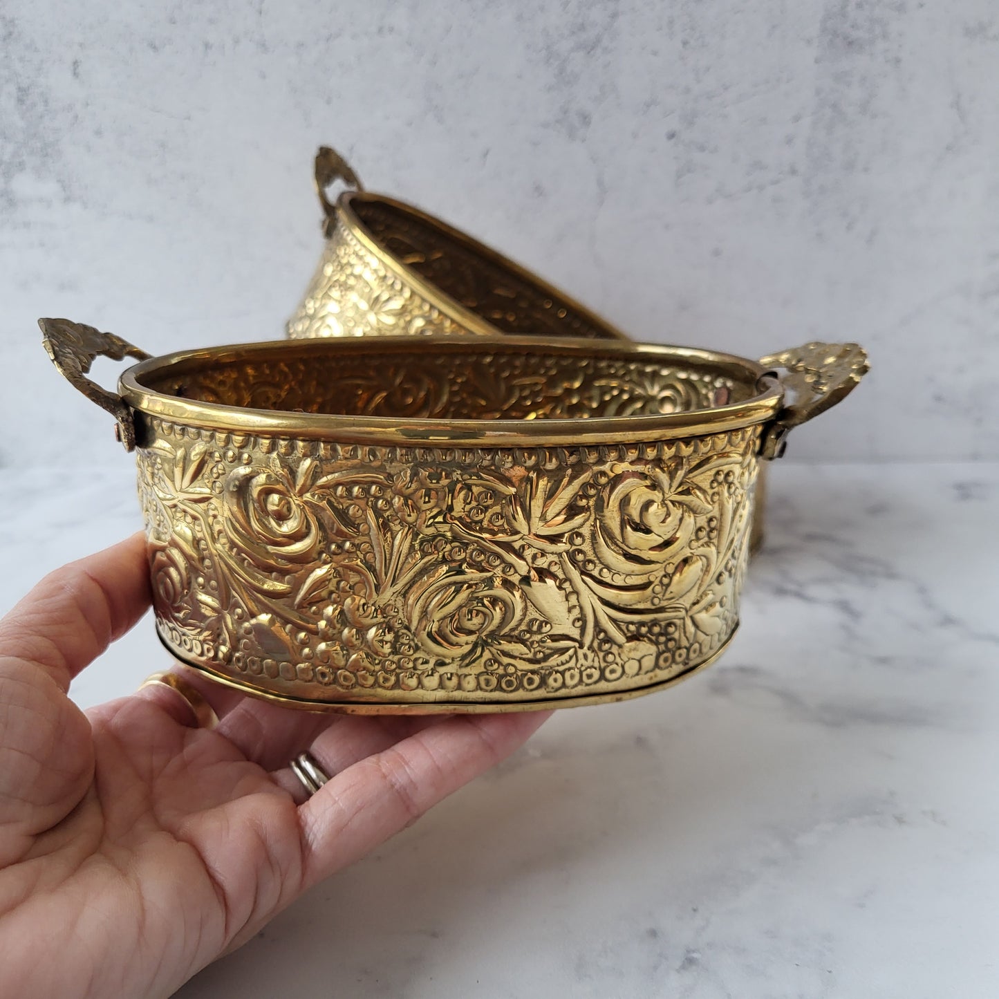 Ornate Boho Brass Floral Embossed Nesting Planters Set of 3