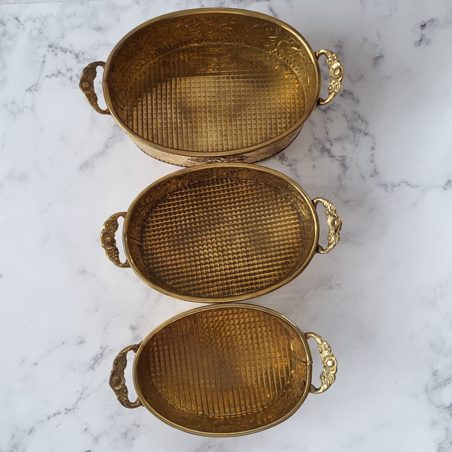 Ornate Boho Brass Floral Embossed Nesting Planters Set of 3