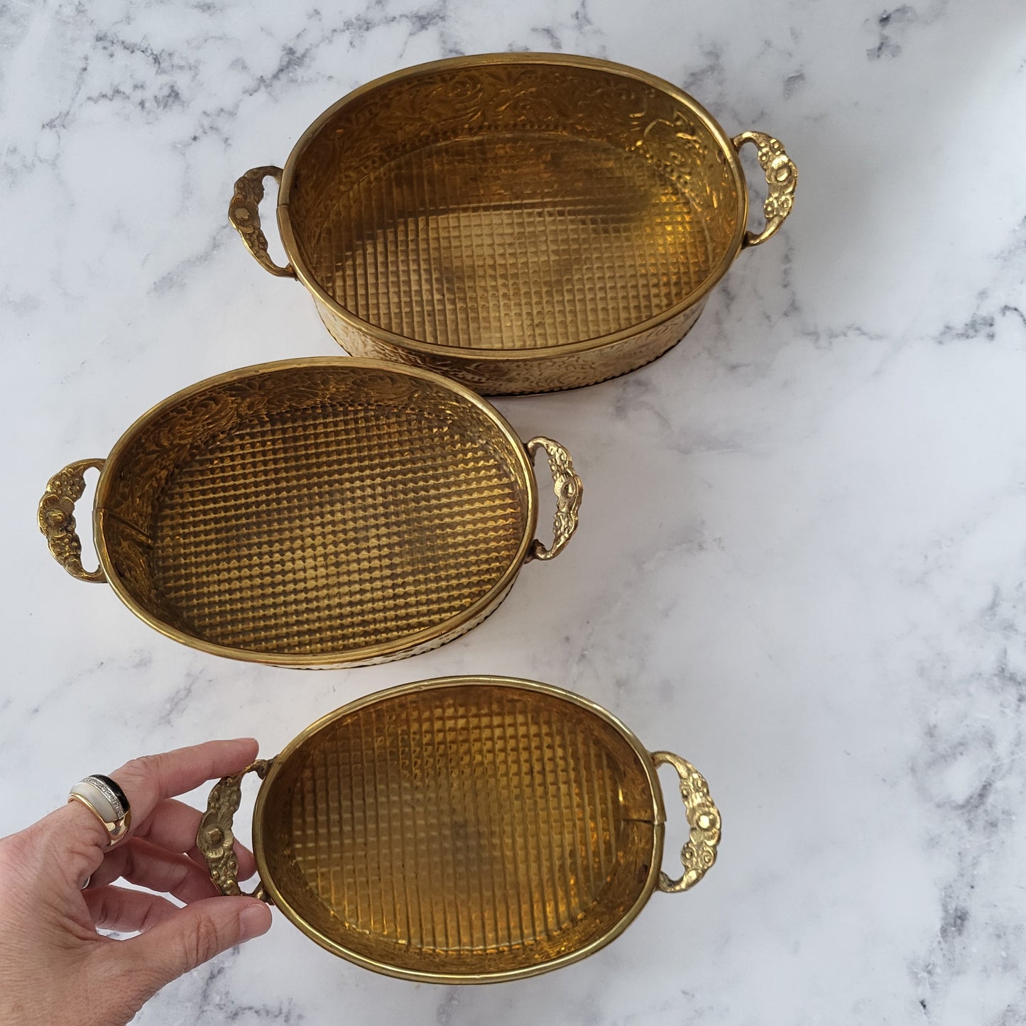 Ornate Boho Brass Floral Embossed Nesting Planters Set of 3