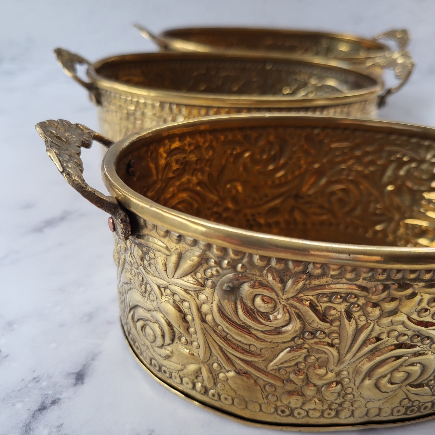 Ornate Boho Brass Floral Embossed Nesting Planters Set of 3