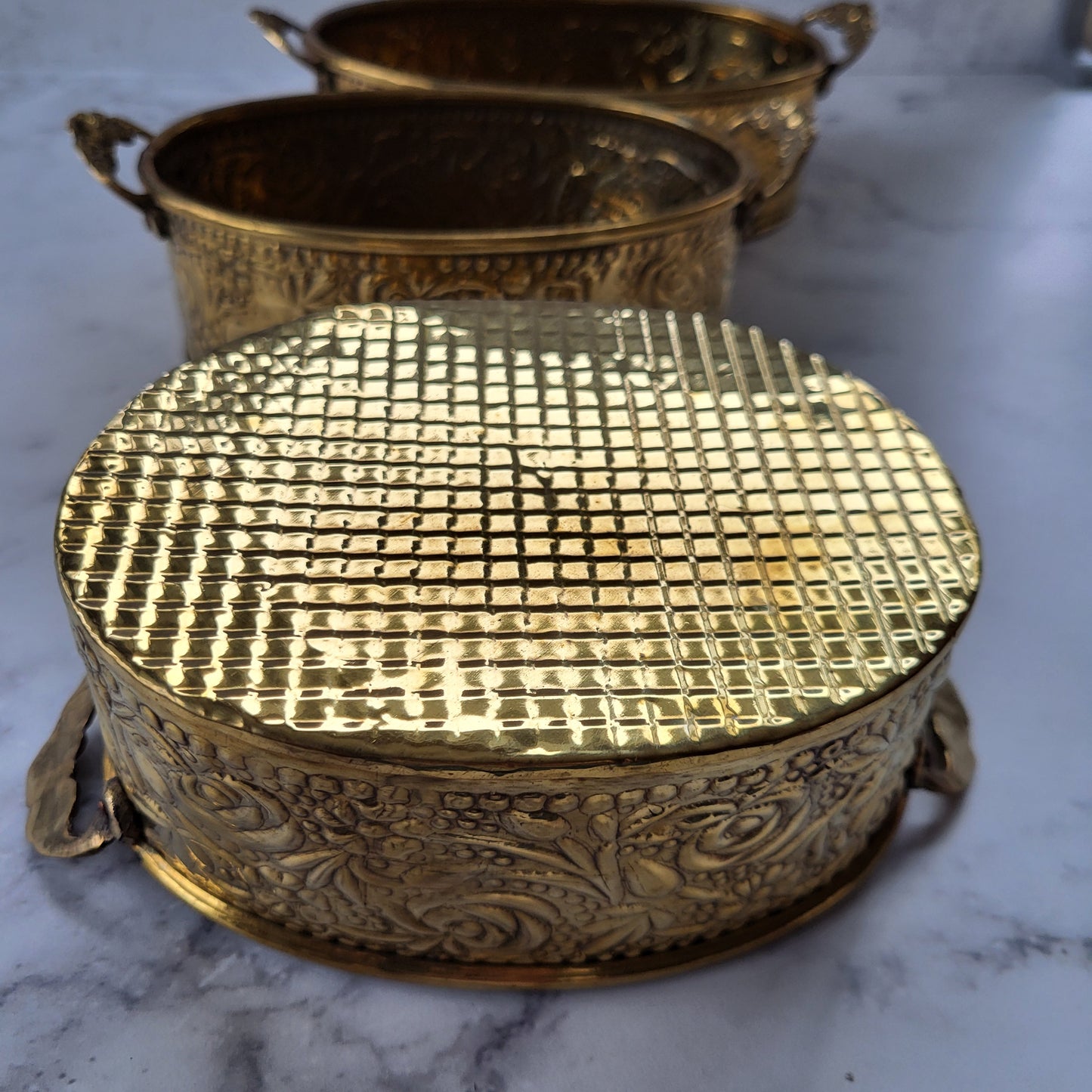 Ornate Boho Brass Floral Embossed Nesting Planters Set of 3