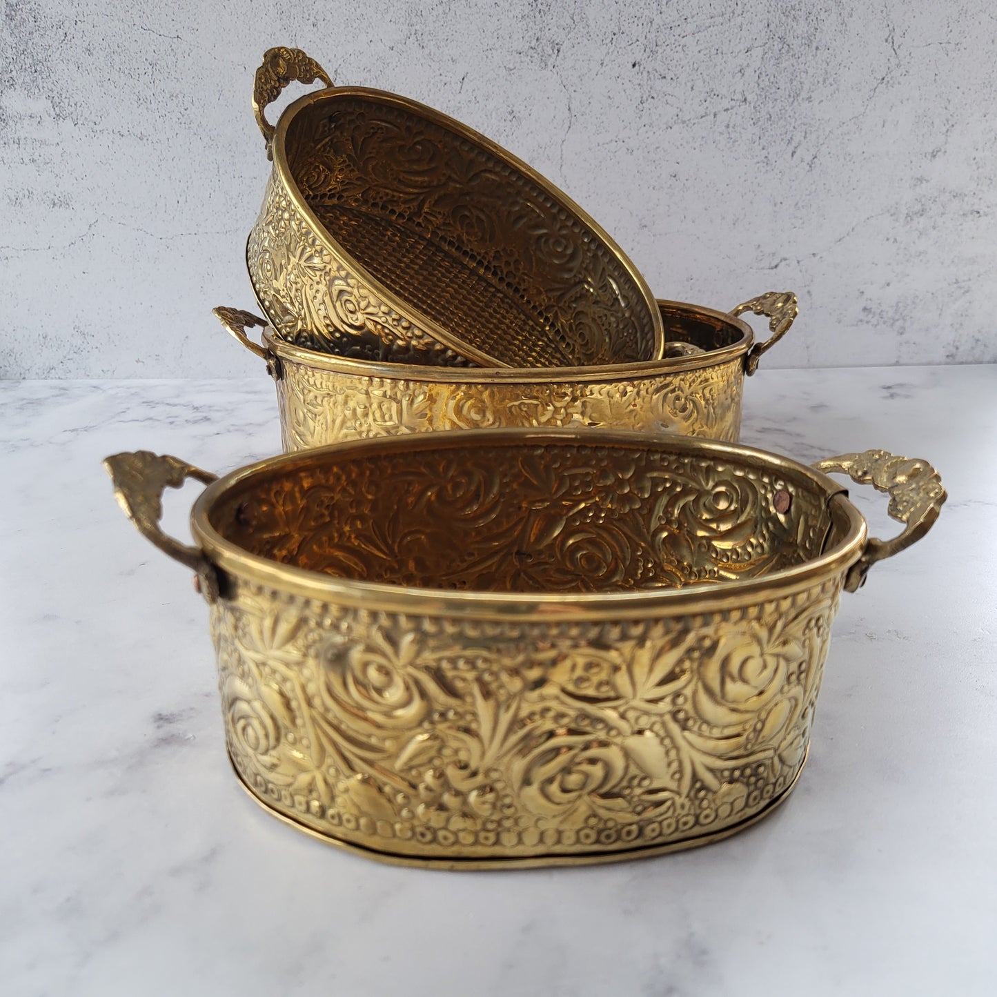 Ornate Boho Brass Floral Embossed Nesting Planters Set of 3
