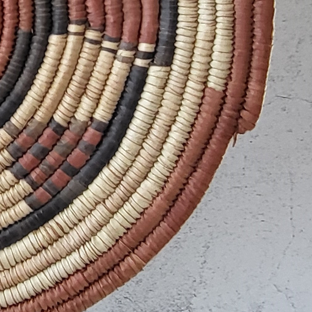 African Coiled Tribal Flat Basket – Handmade Wall Decor in Natural Earth Tones – 11.5" Dia.