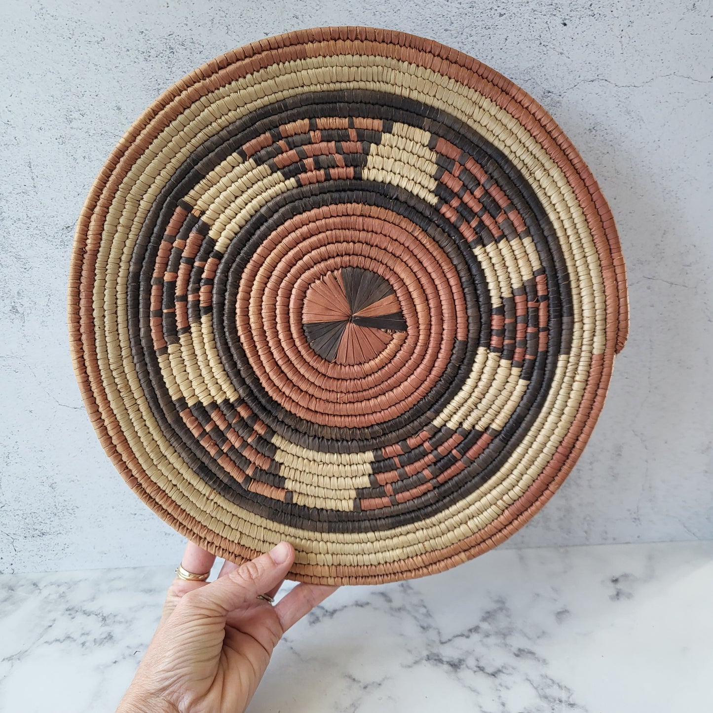 African Coiled Tribal Flat Basket – Handmade Wall Decor in Natural Earth Tones – 12" Dia.