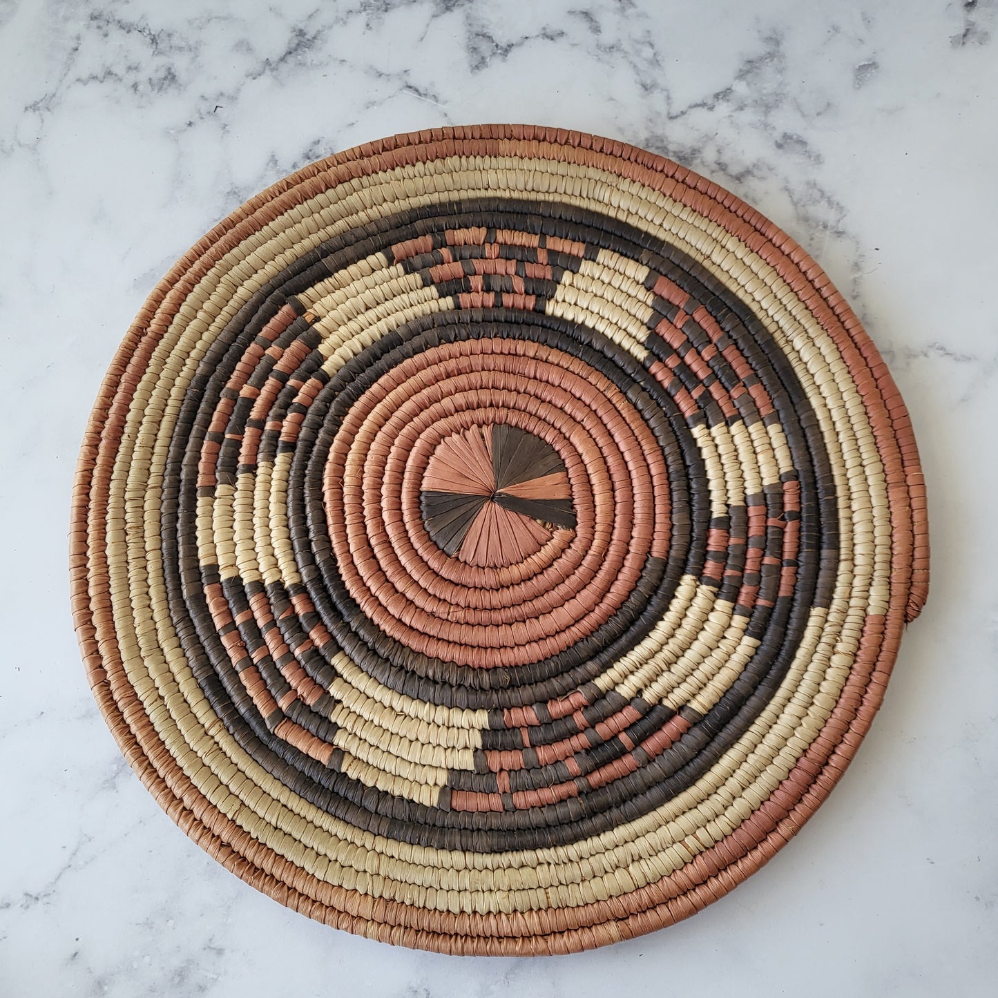 African Coiled Tribal Flat Basket – Handmade Wall Decor in Natural Earth Tones – 12" Dia.