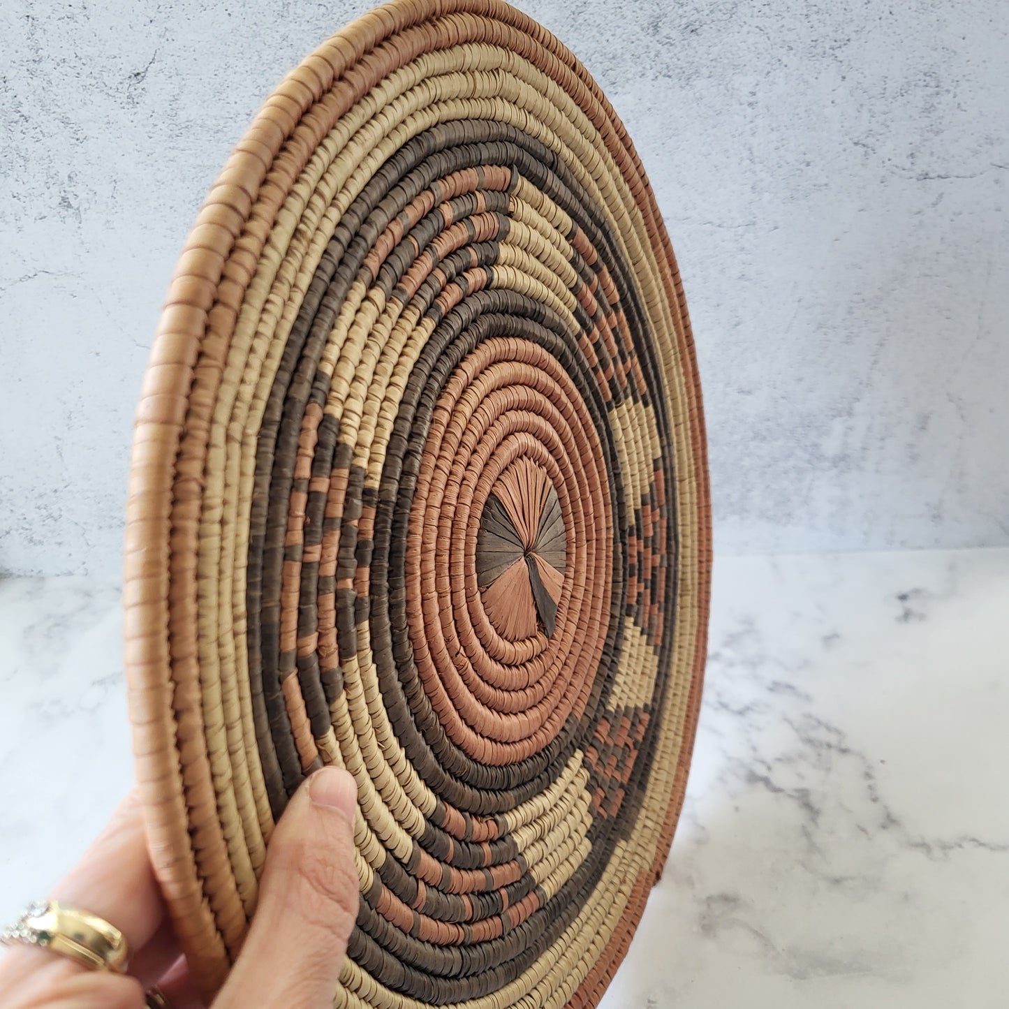 African Coiled Tribal Flat Basket – Handmade Wall Decor in Natural Earth Tones – 12" Dia.