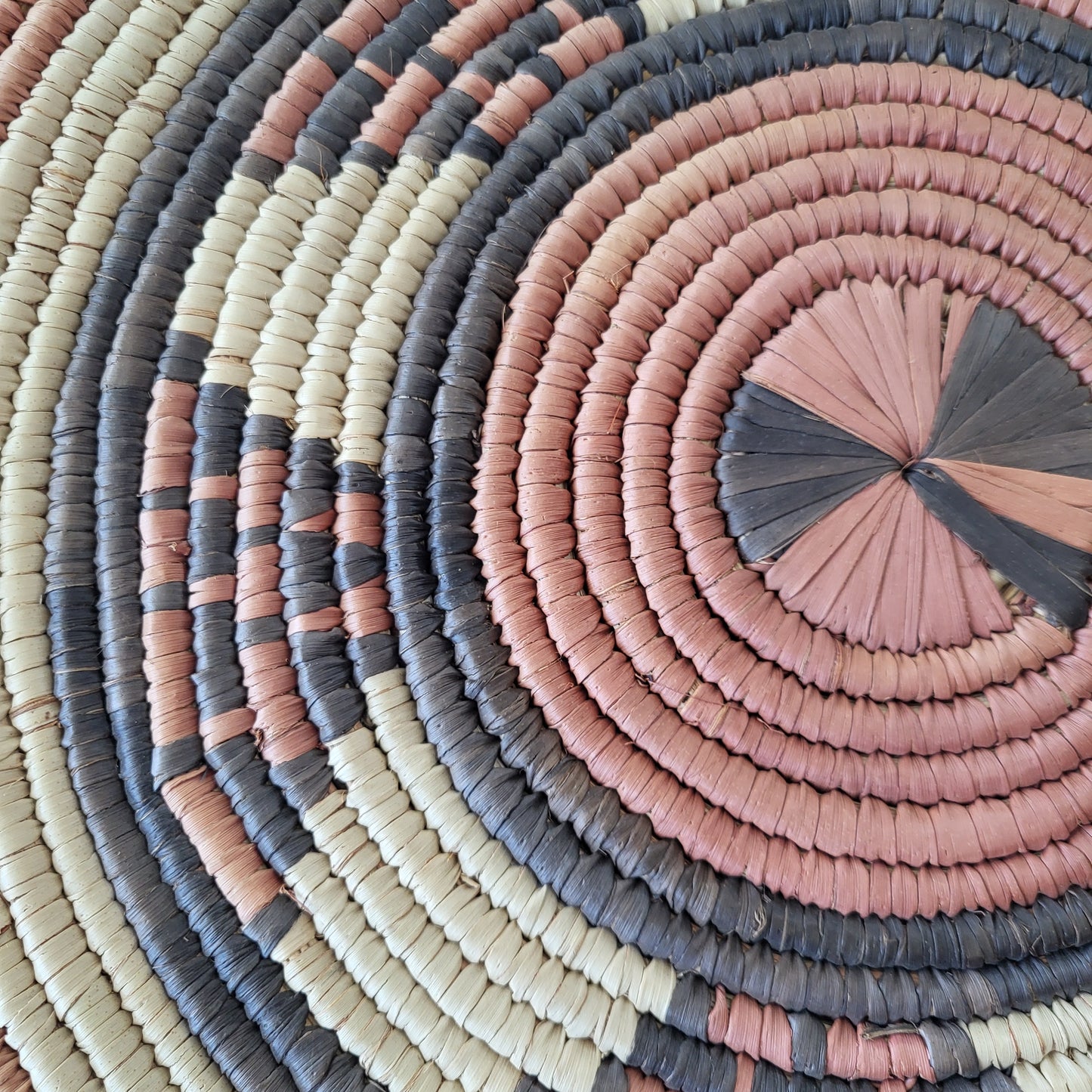 African Coiled Tribal Flat Basket – Handmade Wall Decor in Natural Earth Tones – 12" Dia.