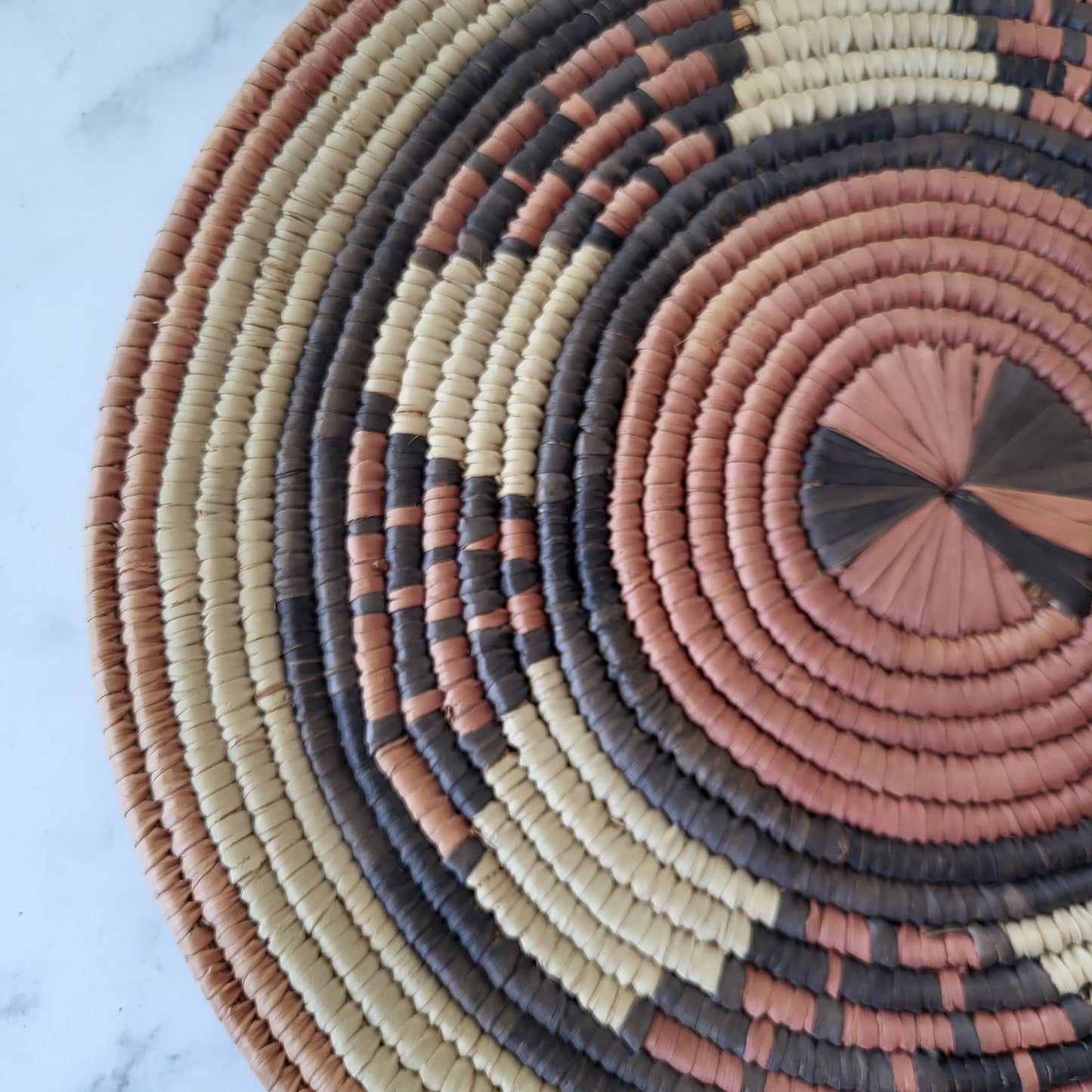 African Coiled Tribal Flat Basket – Handmade Wall Decor in Natural Earth Tones – 12" Dia.