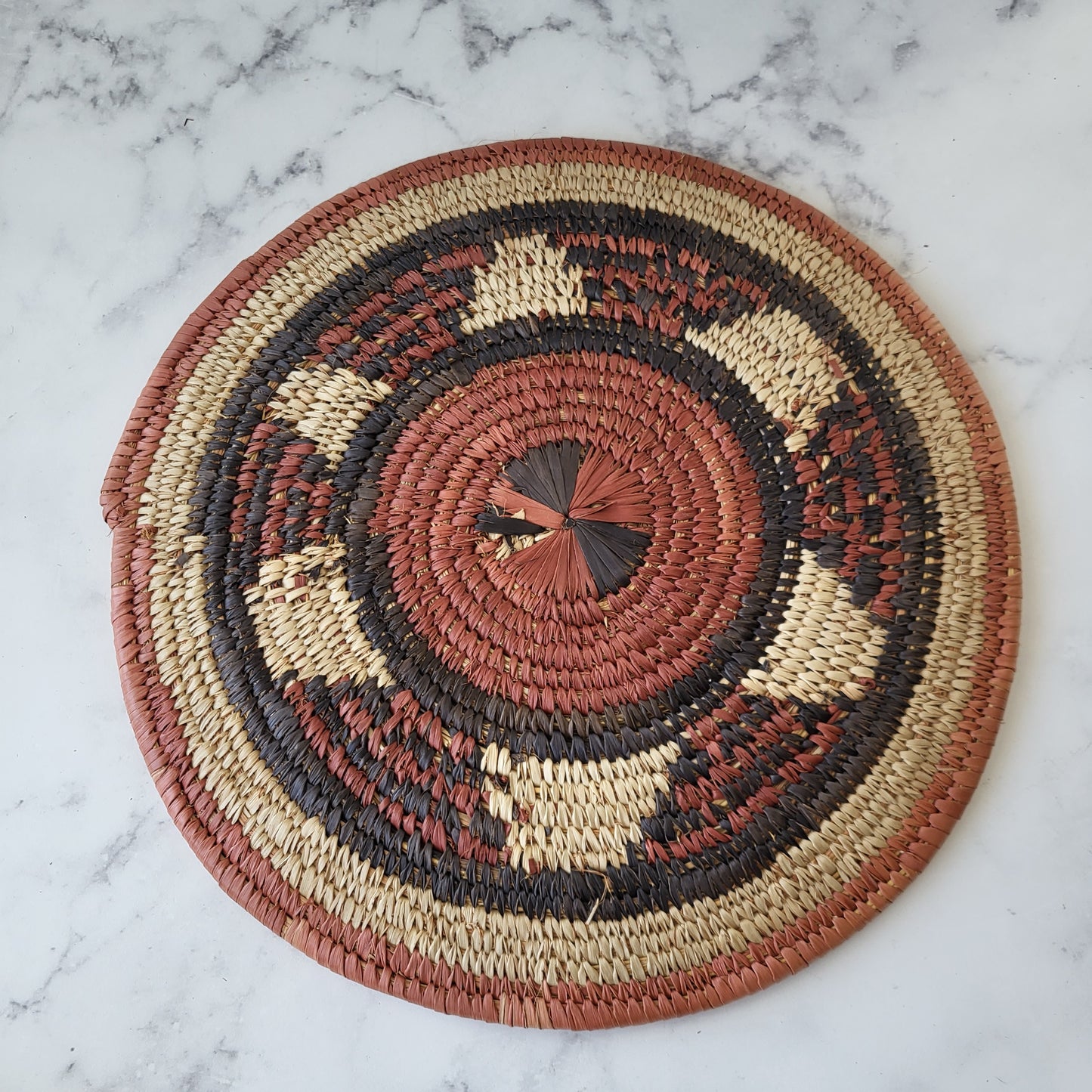 African Coiled Tribal Flat Basket – Handmade Wall Decor in Natural Earth Tones – 12" Dia.