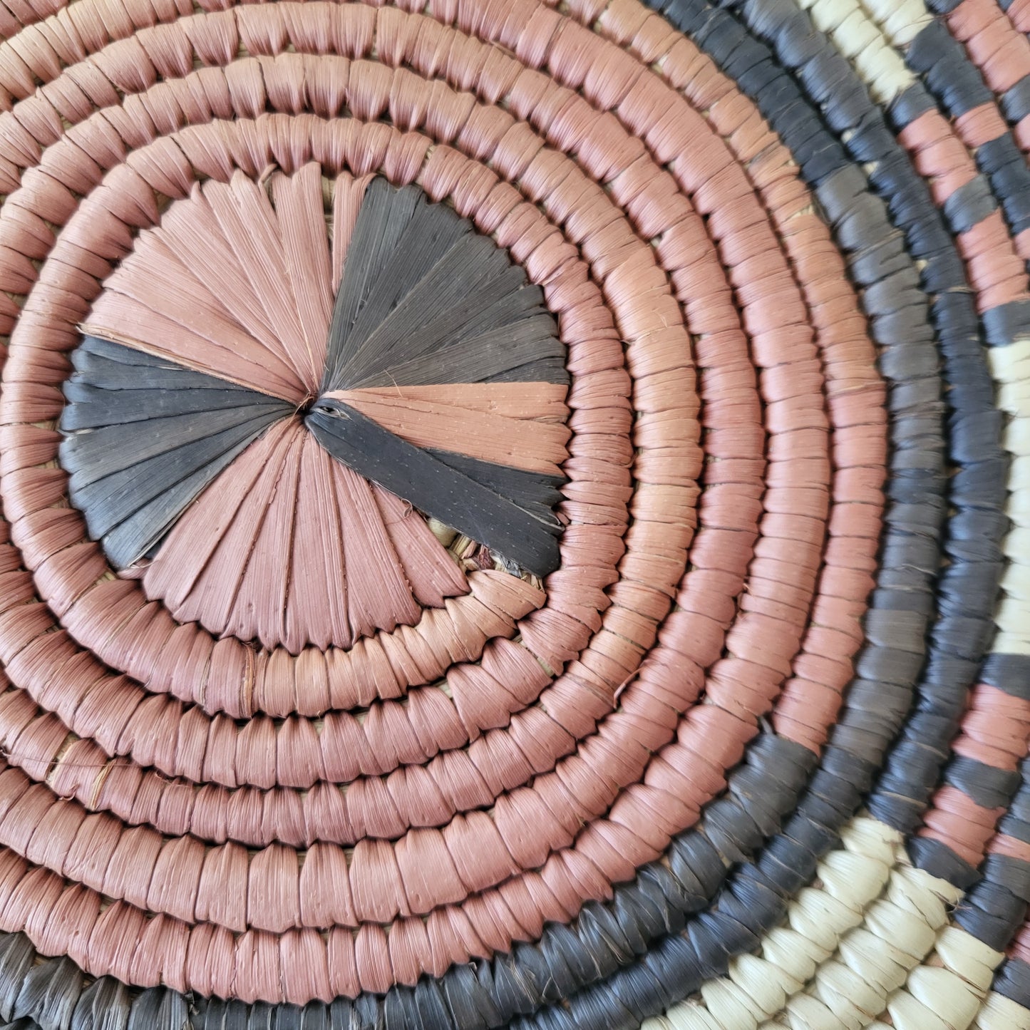 African Coiled Tribal Flat Basket – Handmade Wall Decor in Natural Earth Tones – 12" Dia.