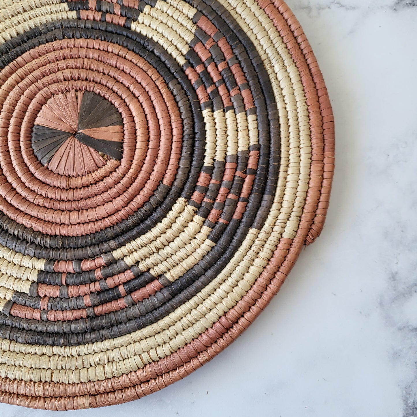 African Coiled Tribal Flat Basket – Handmade Wall Decor in Natural Earth Tones – 12" Dia.