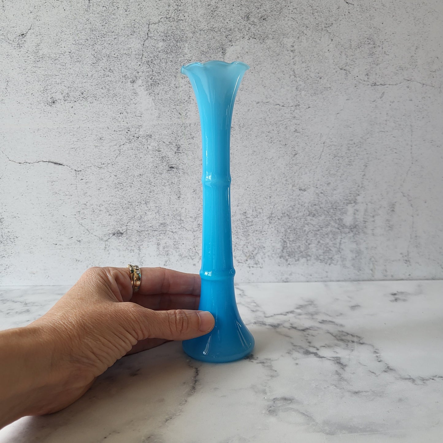 Mid Century Art Glass Blue Fluted Bud Vase