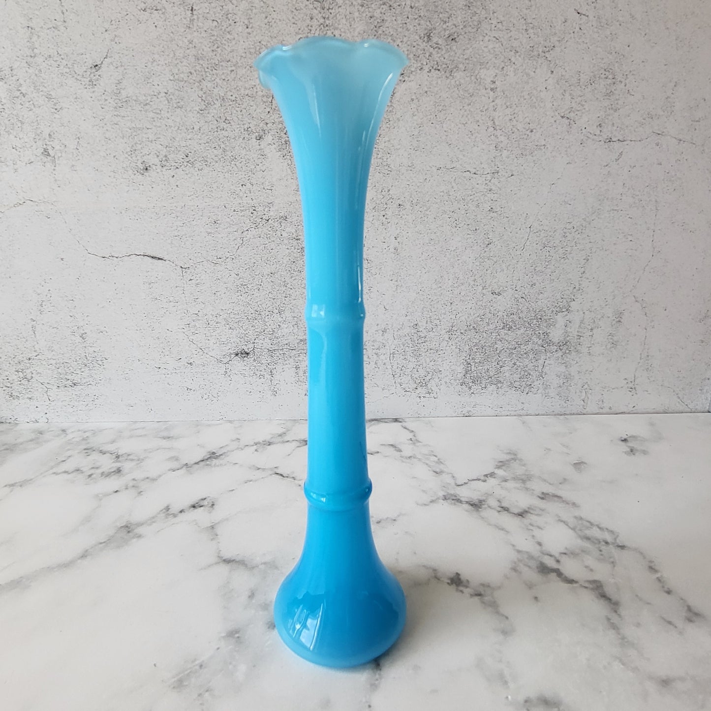 Mid Century Art Glass Blue Fluted Bud Vase
