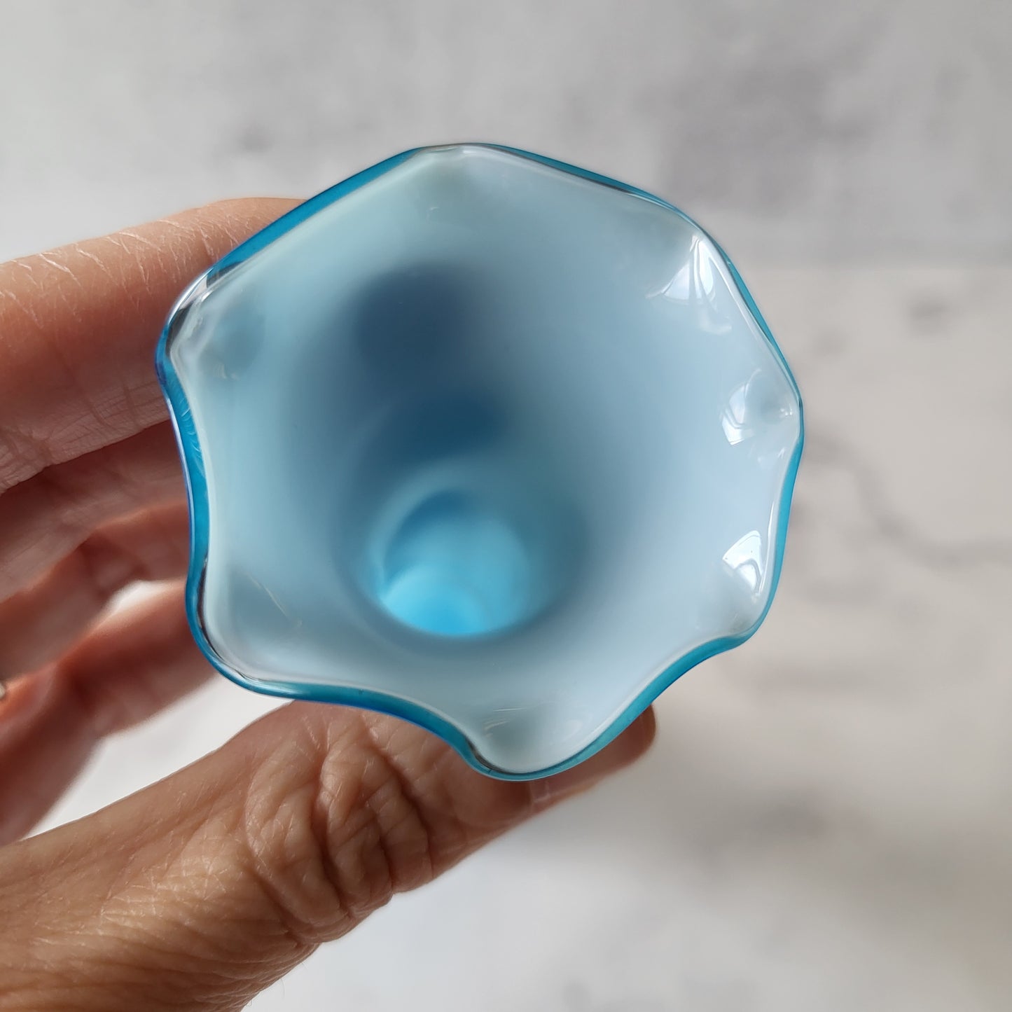 Mid Century Art Glass Blue Fluted Bud Vase