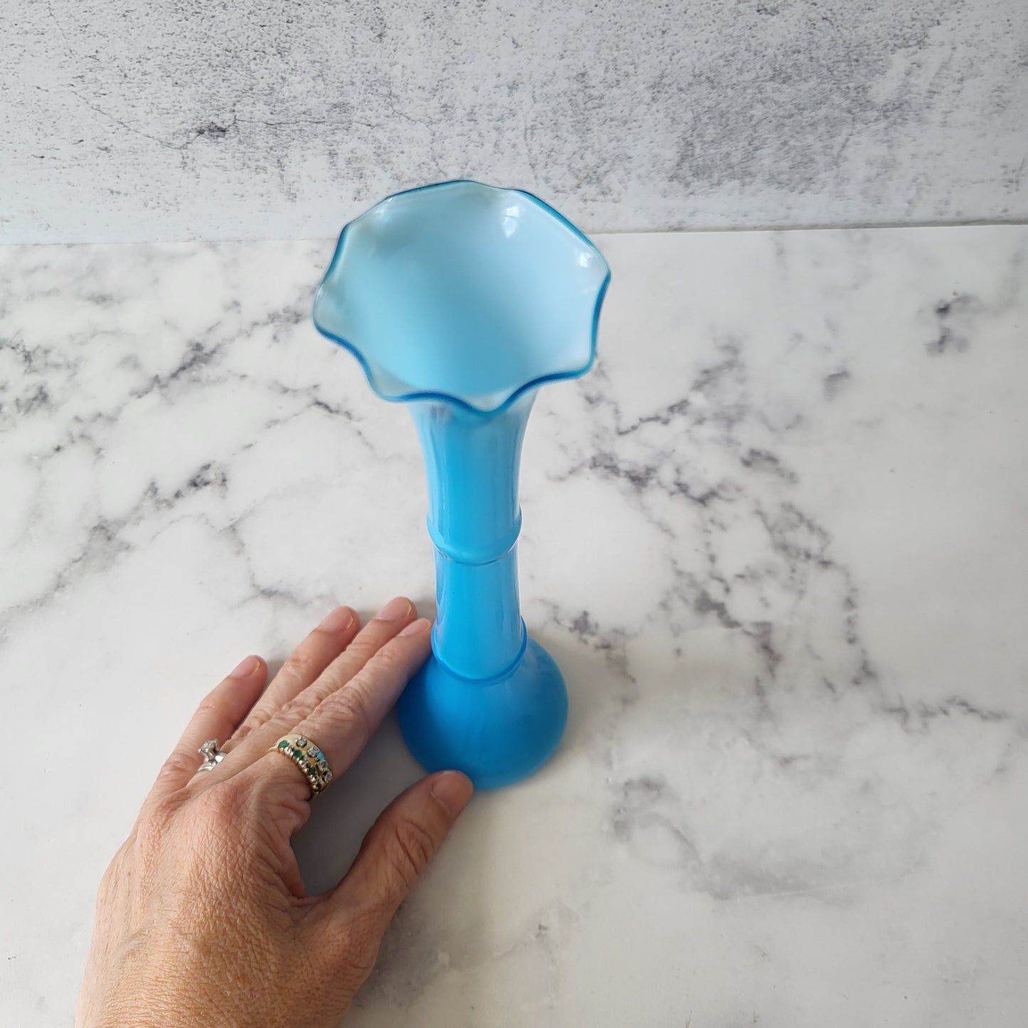 Mid Century Art Glass Blue Fluted Bud Vase