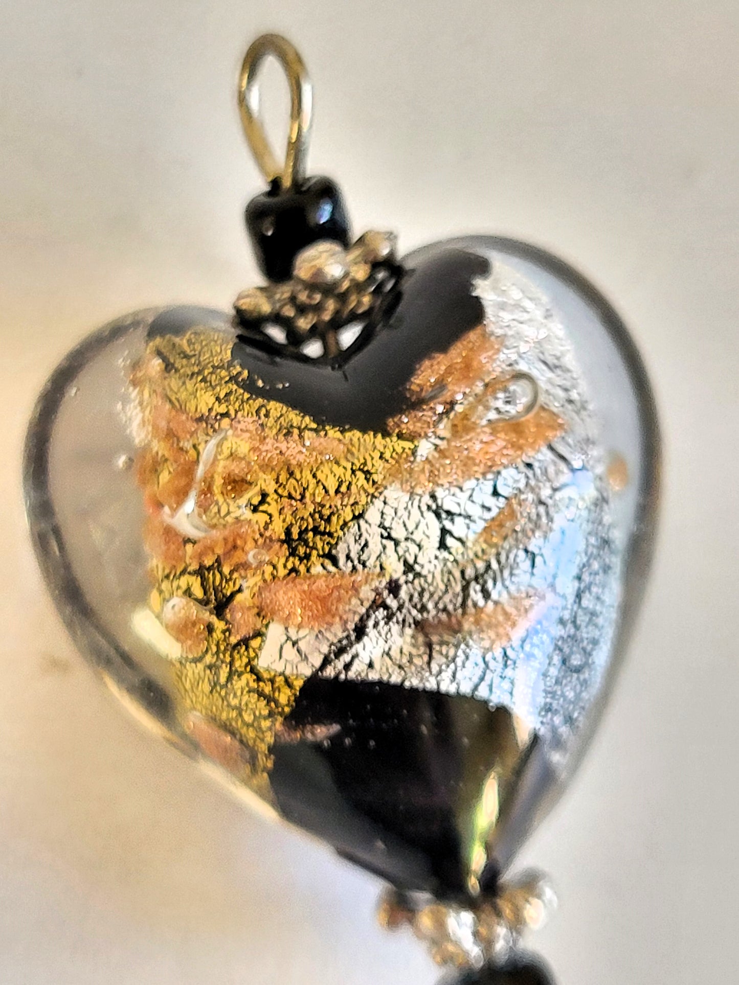 Handmade Murano Glass Heart Pendant with Gold and Silver Foil