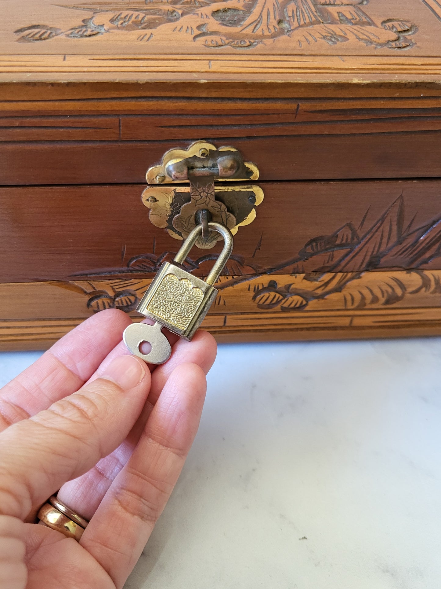 Vintage Hand Carved Asian Wood Jewelry Box