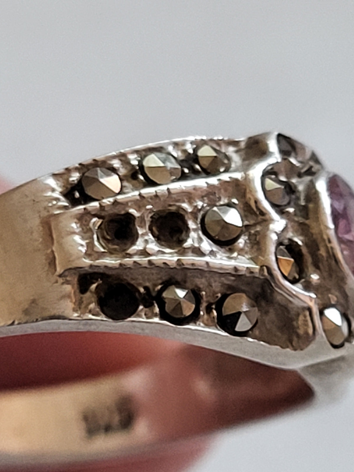 Sterling Silver Pink Stone & Marcasite Wide Band Ring