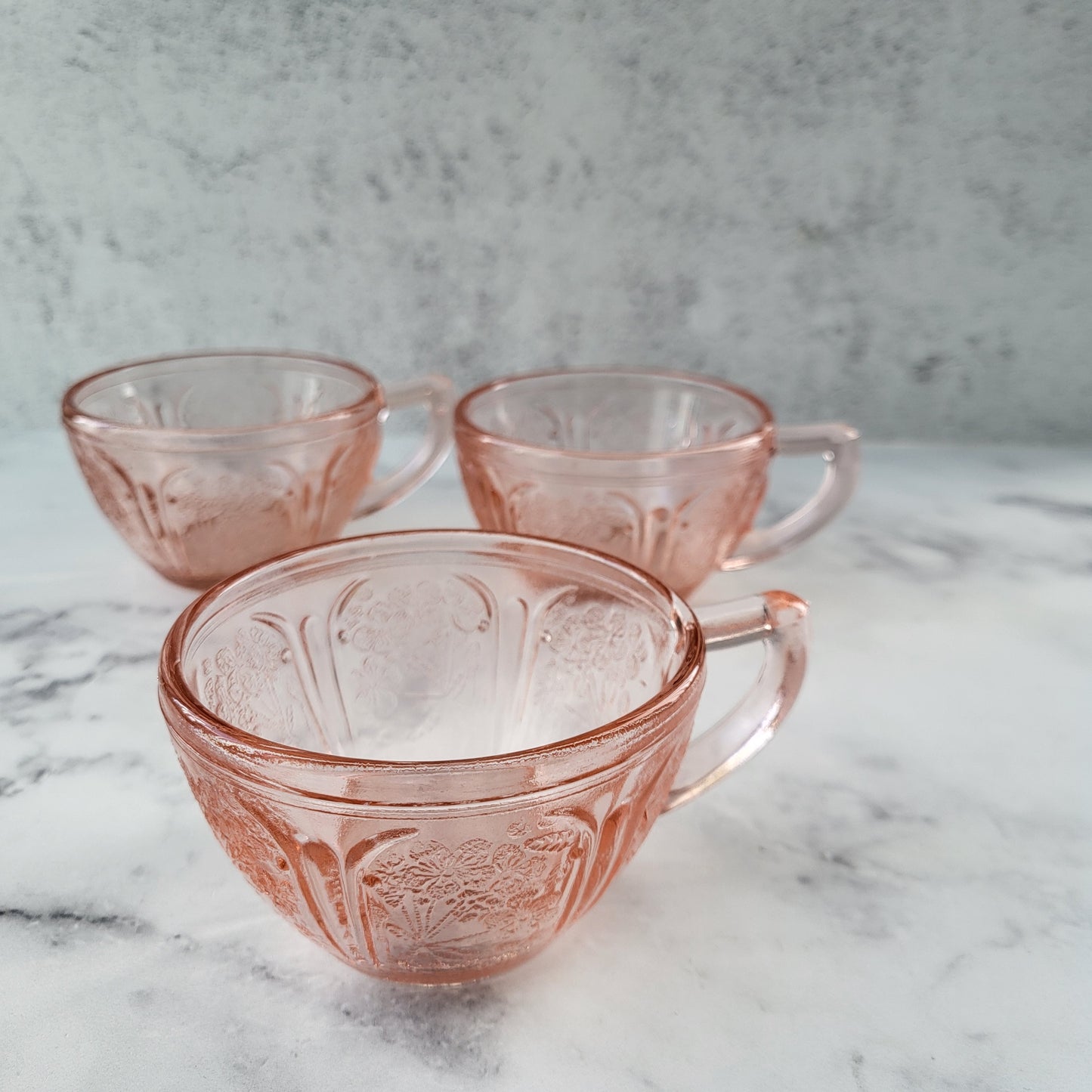 Jeanette Cherry Blossom Pink Depression Glass Tea or Coffee Cups Set of 3
