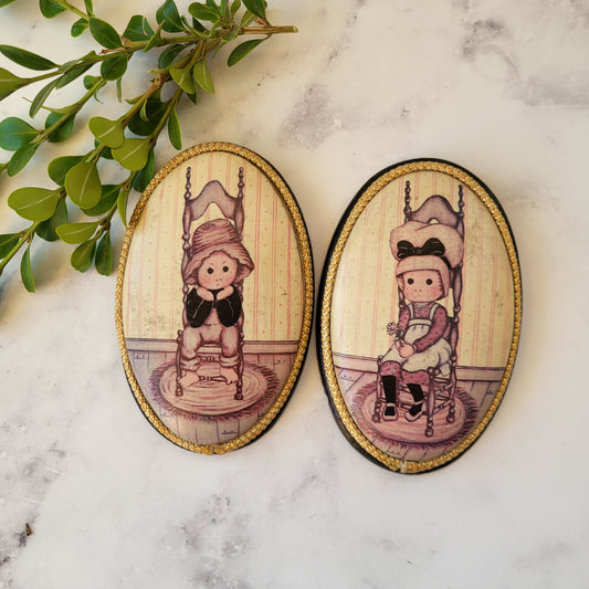 Adorable Cottage Boy And Girl Oval Wood Plaques