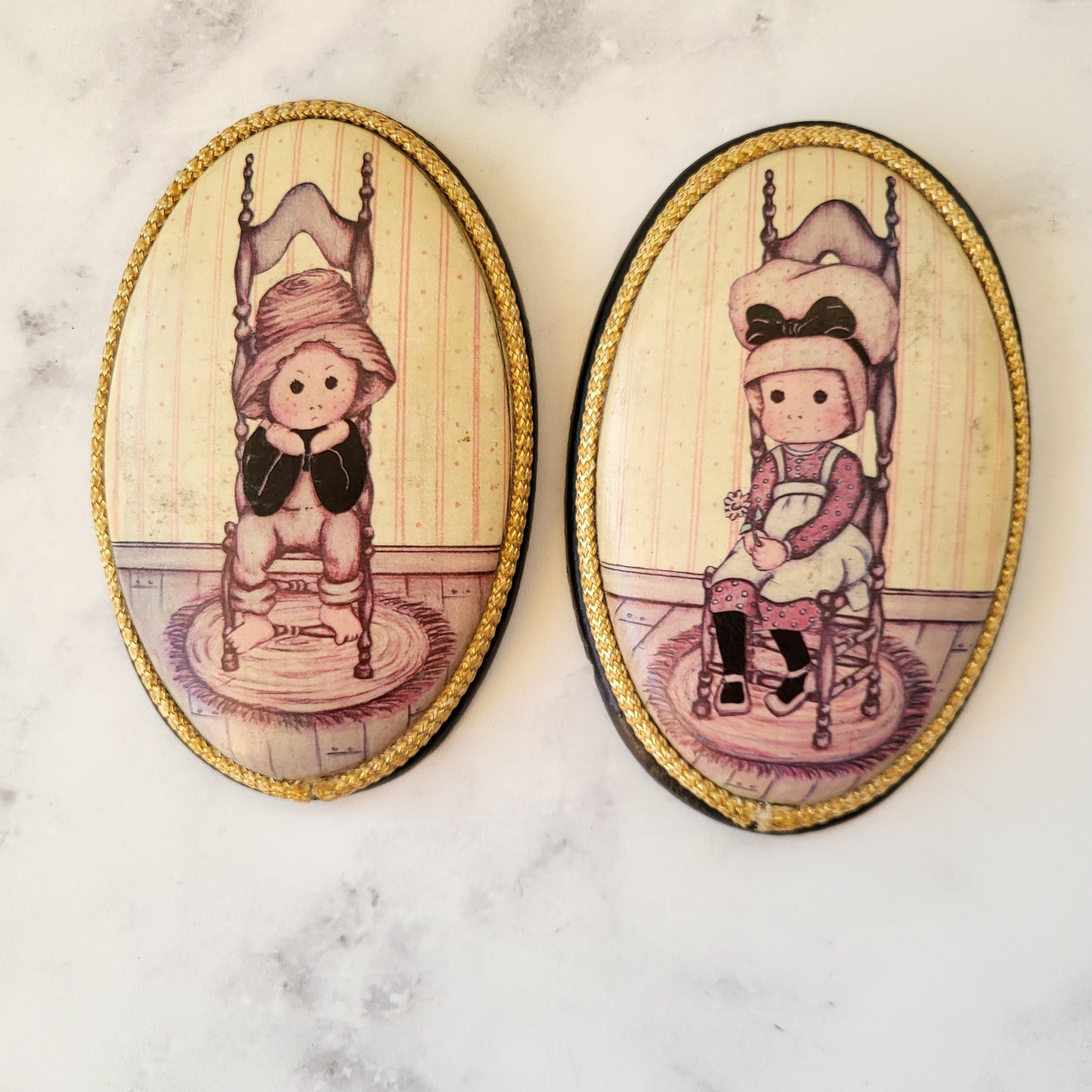 Adorable Cottage Boy And Girl Oval Wood Plaques