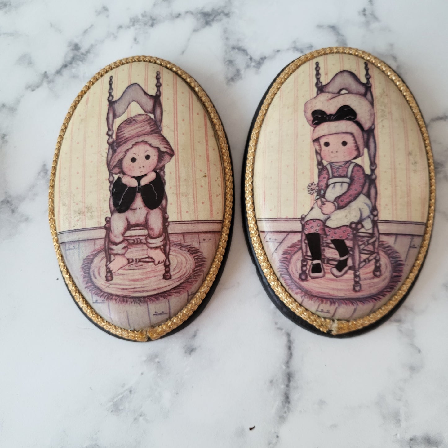 Adorable Cottage Boy And Girl Oval Wood Plaques