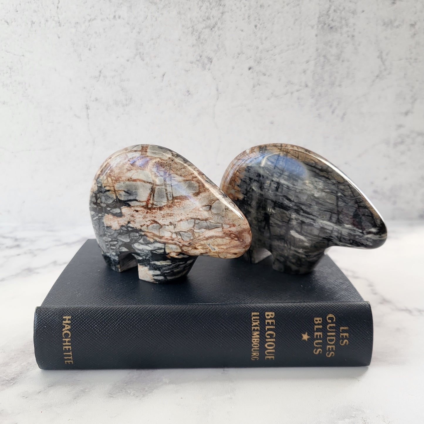 Pair of Picasso Jasper Natural Stone Bear Figurines