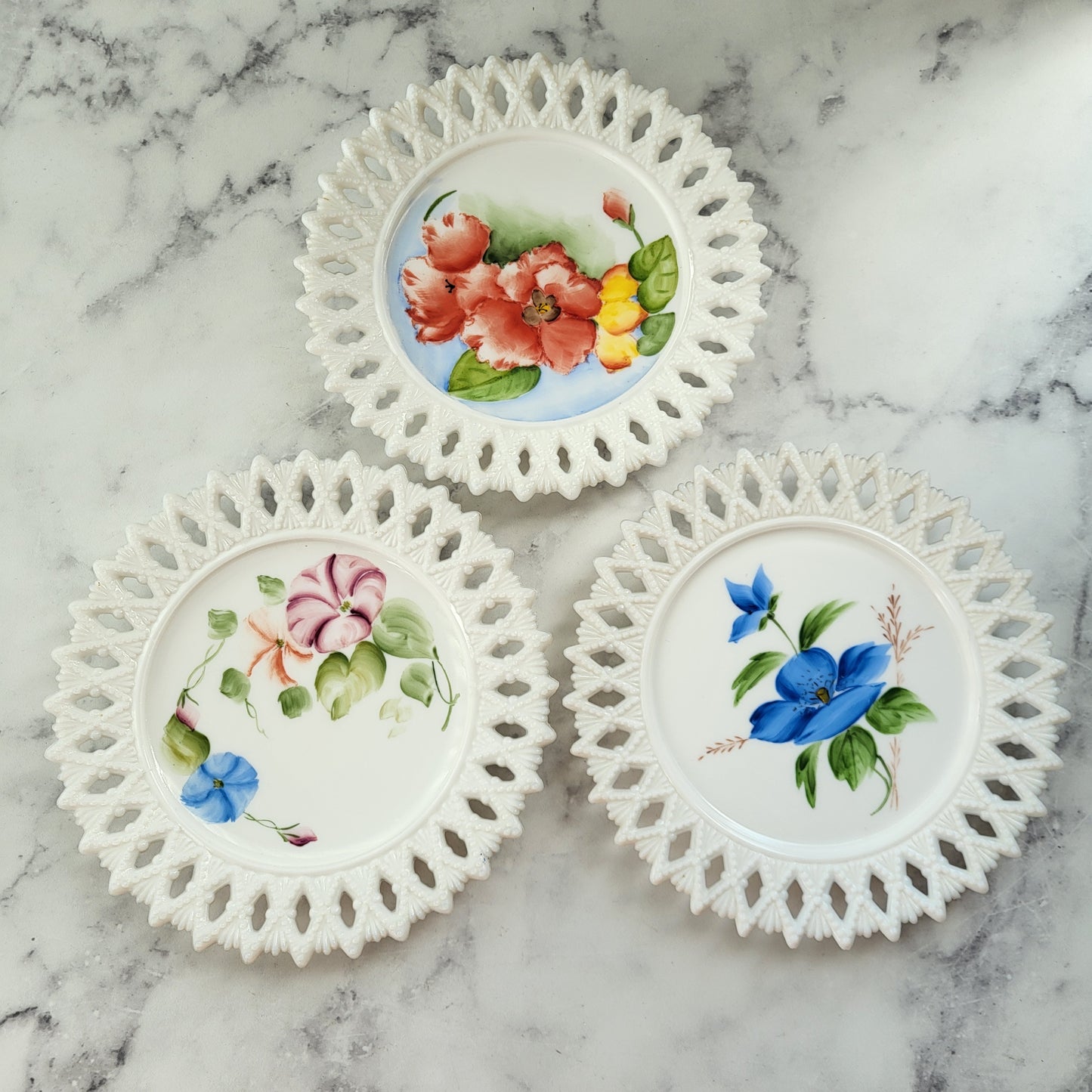 Shabby Chic Hand Painted Kemple Milk Glass Plates (Set of 3)