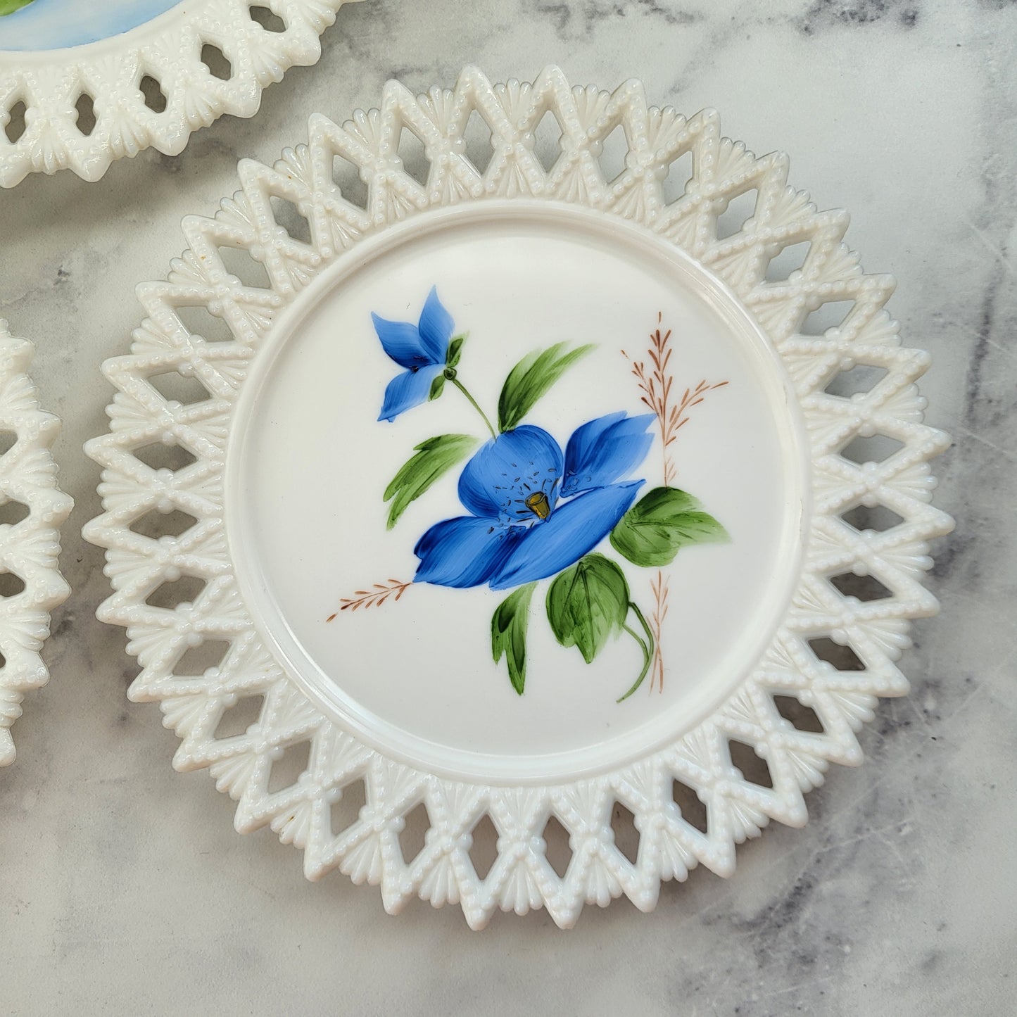 Shabby Chic Hand Painted Kemple Milk Glass Plates (Set of 3)