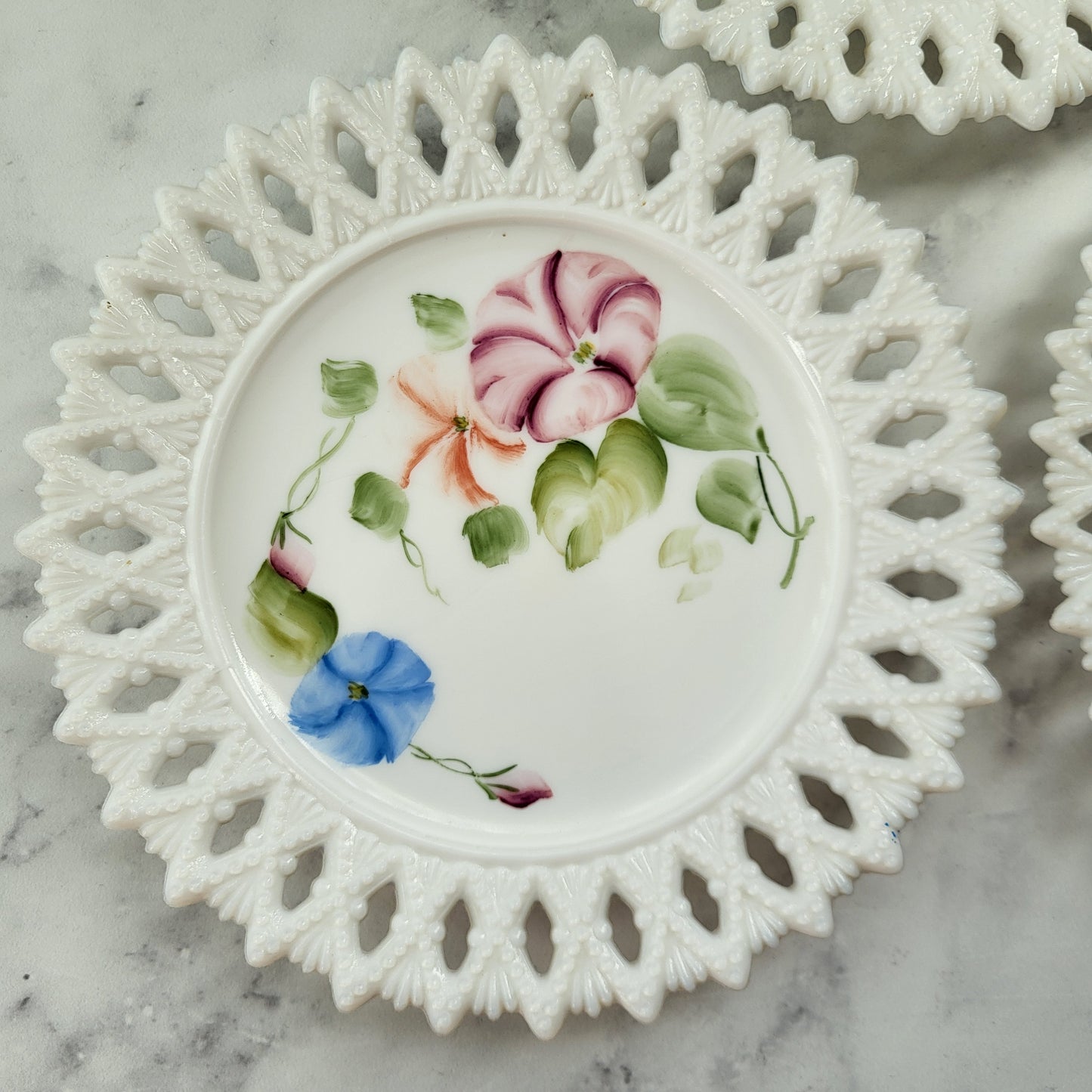 Shabby Chic Hand Painted Kemple Milk Glass Plates (Set of 3)