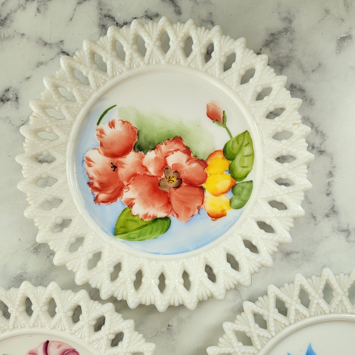 Shabby Chic Hand Painted Kemple Milk Glass Plates (Set of 3)