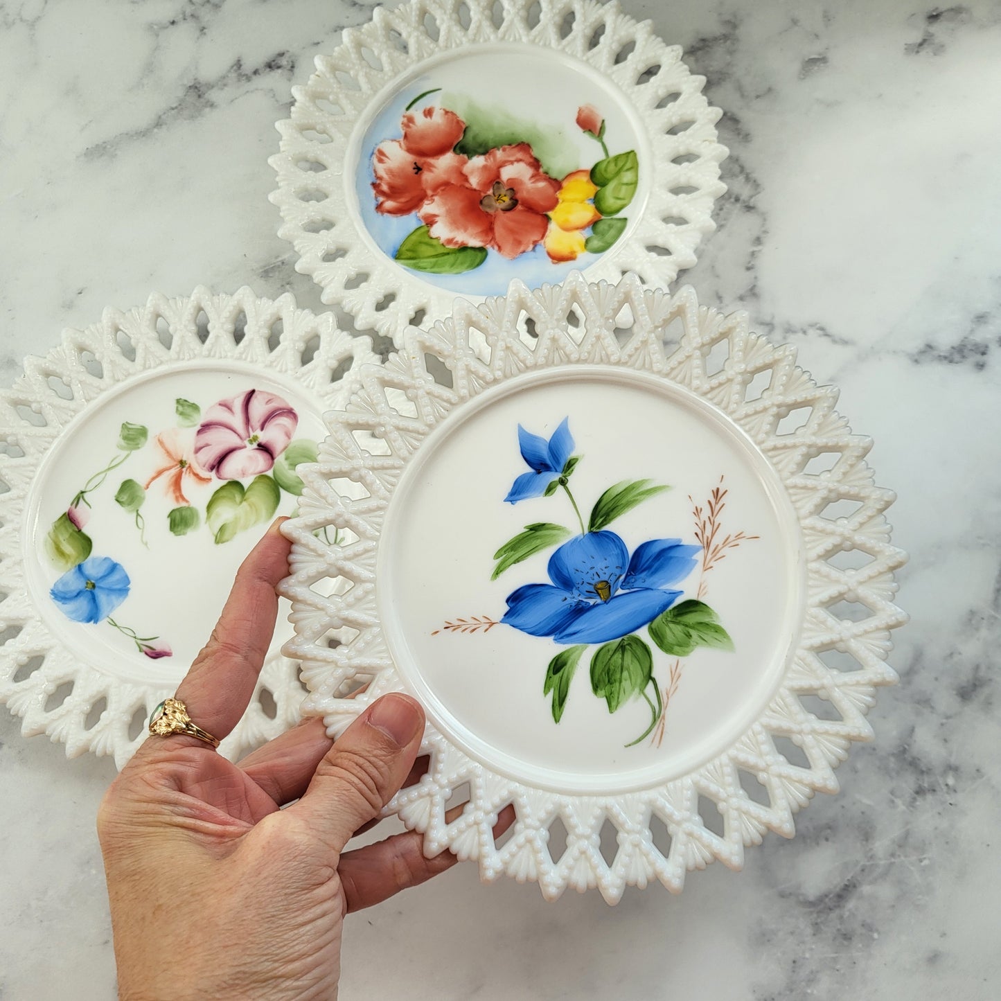 Shabby Chic Hand Painted Kemple Milk Glass Plates (Set of 3)