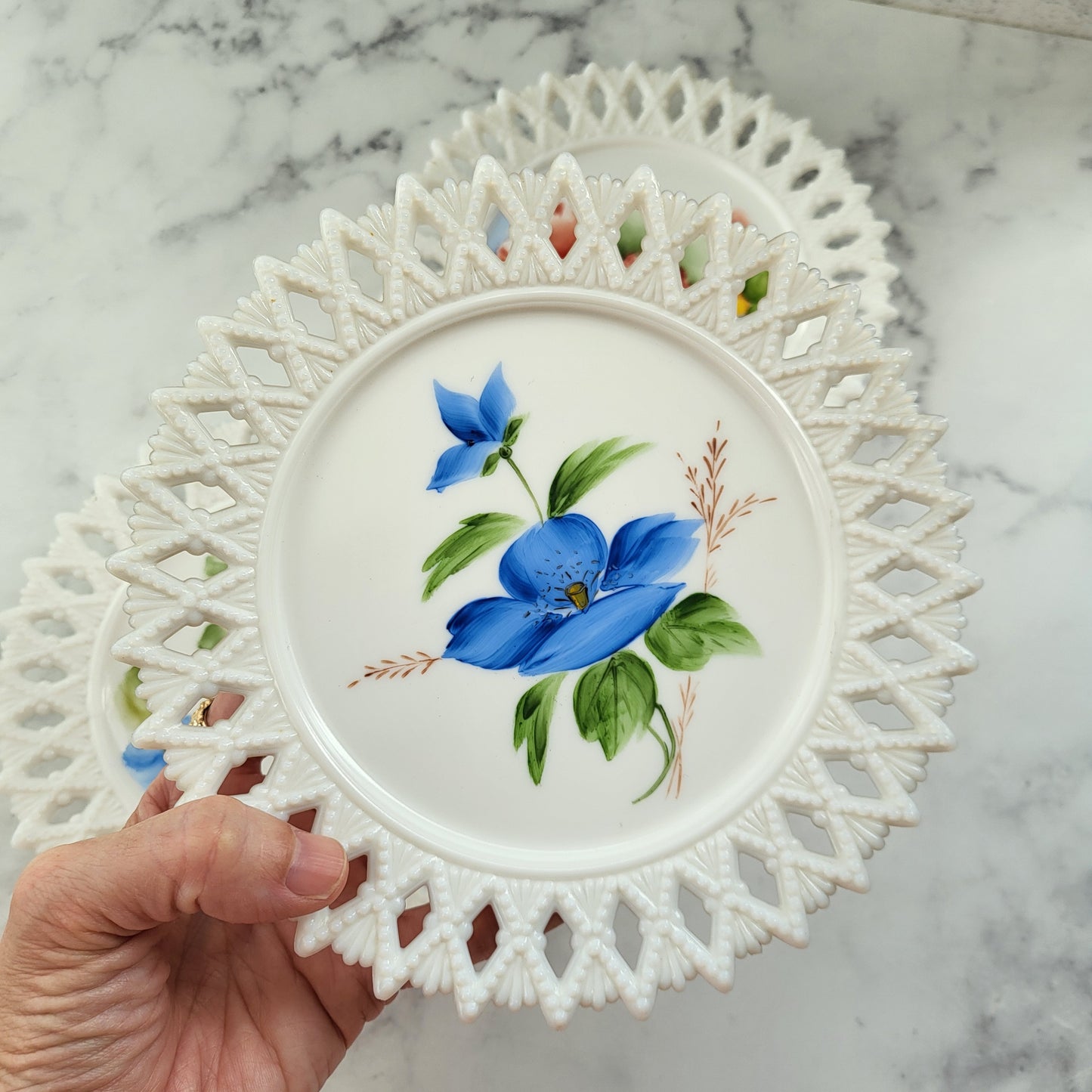 Shabby Chic Hand Painted Kemple Milk Glass Plates (Set of 3)