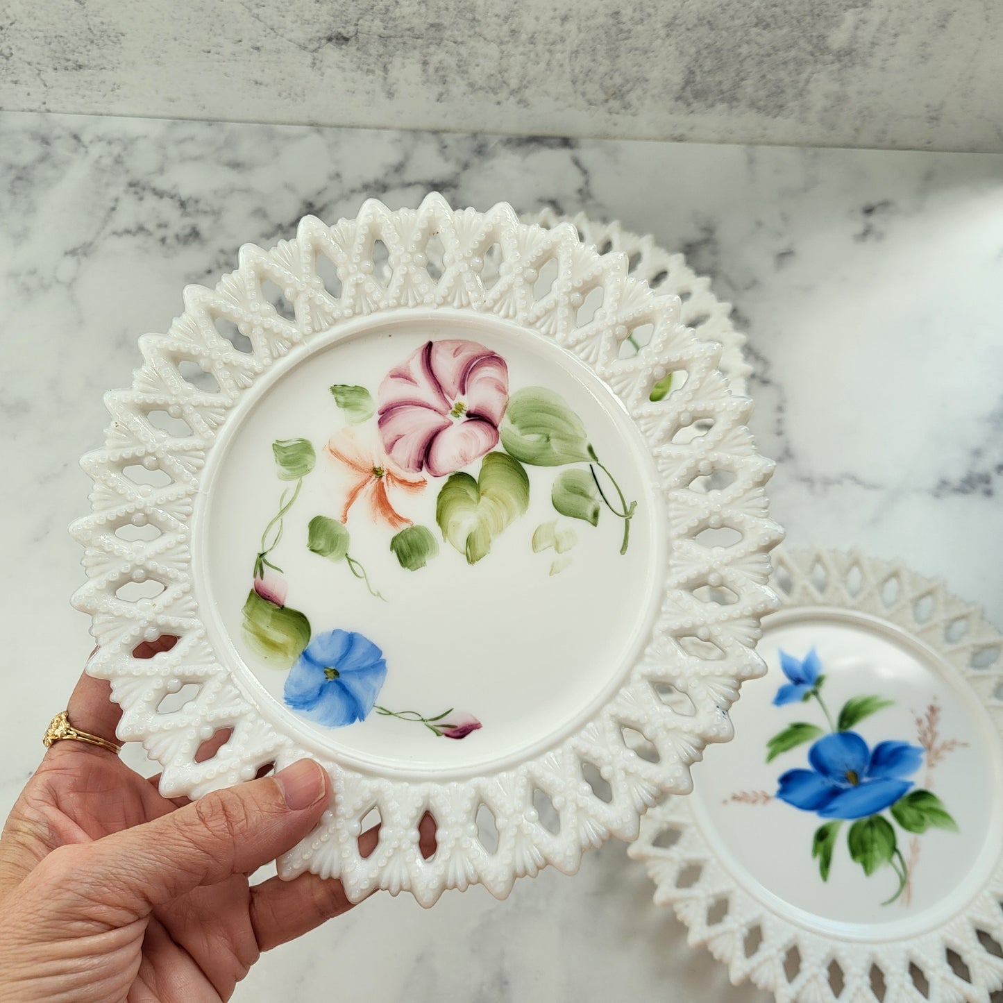 Shabby Chic Hand Painted Kemple Milk Glass Plates (Set of 3)