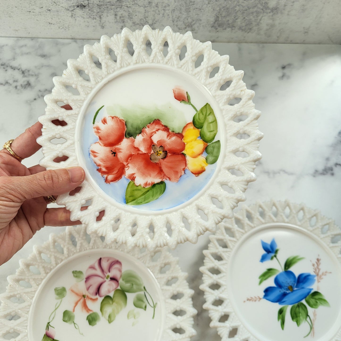 Shabby Chic Hand Painted Kemple Milk Glass Plates (Set of 3)