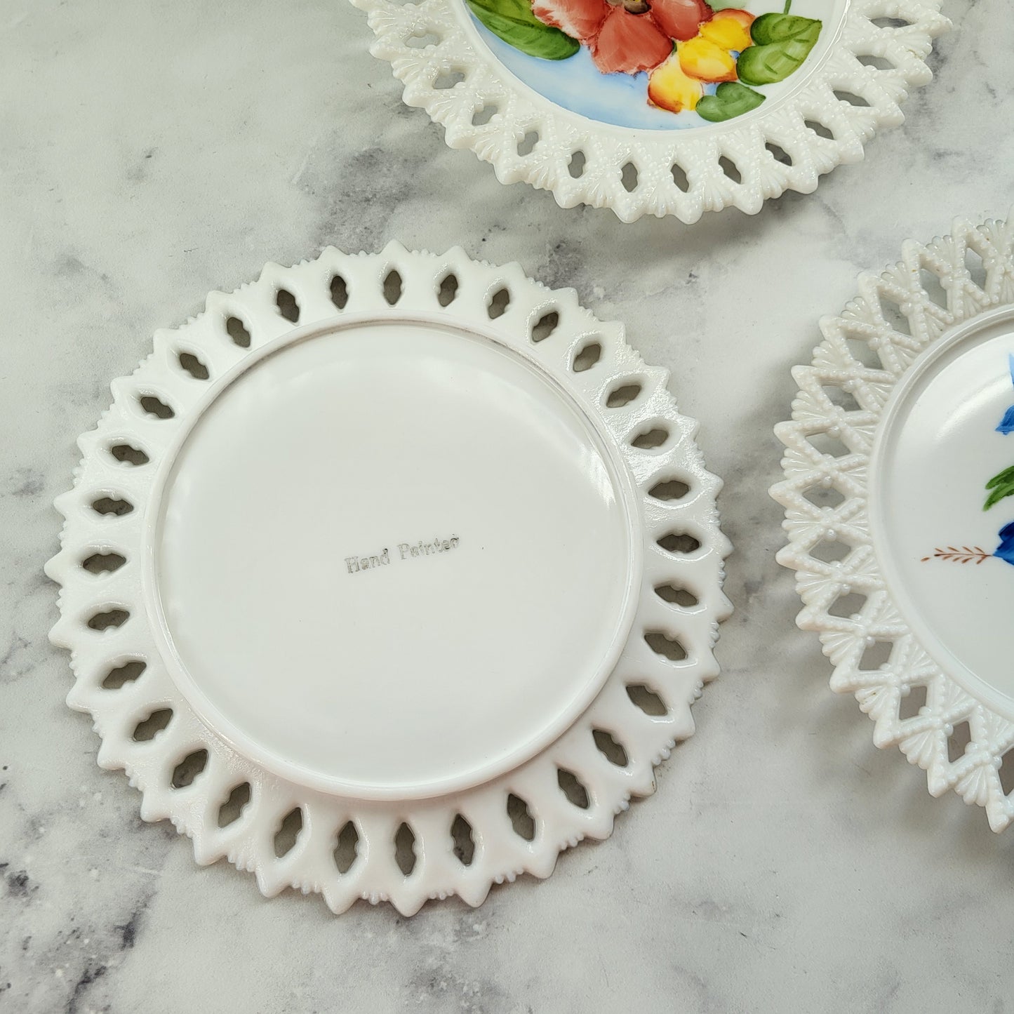 Shabby Chic Hand Painted Kemple Milk Glass Plates (Set of 3)